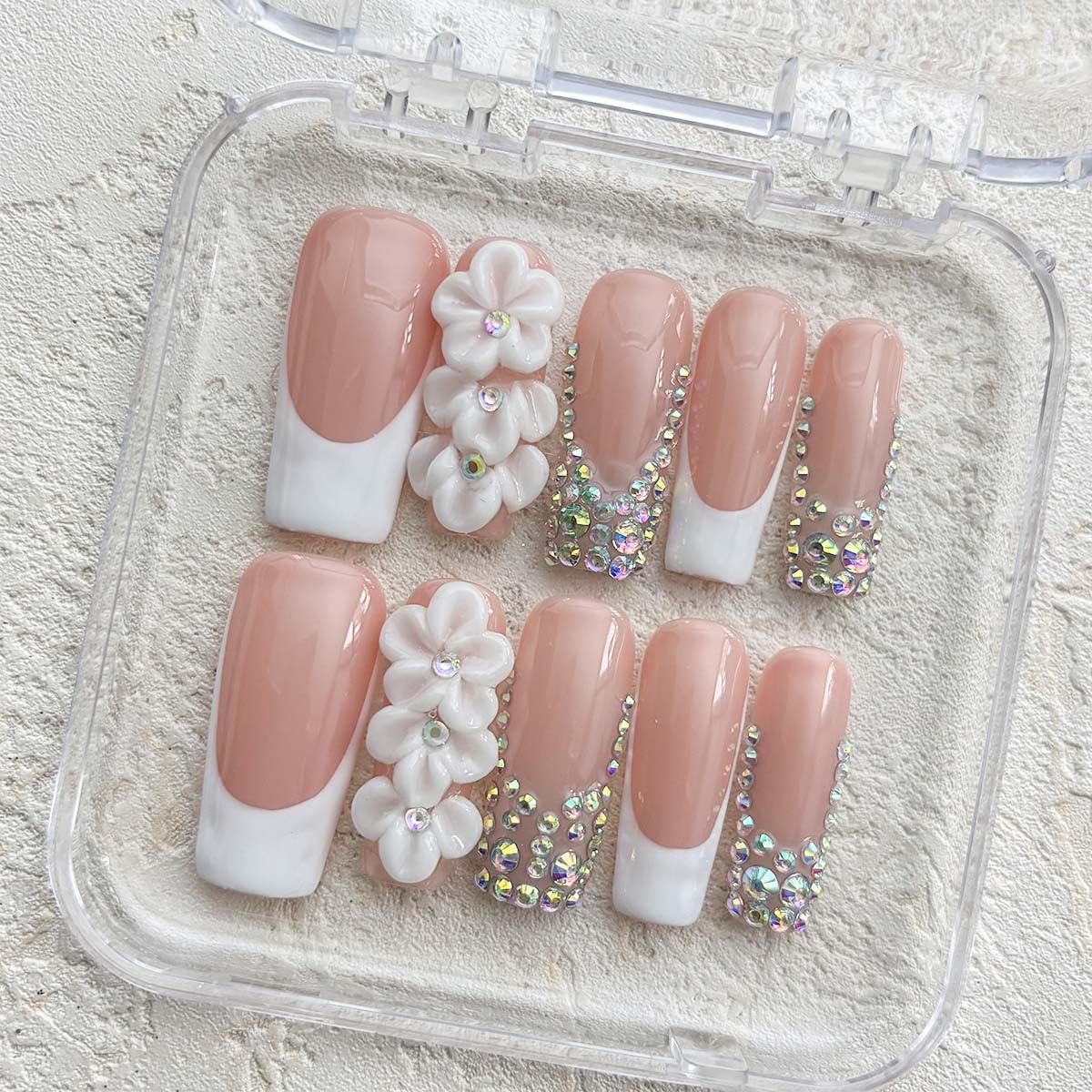 10Pcs Press On Nails Handmade Nails Long Square Fake Nails 3D Flower With Rhinestone Design French Tip False Nails Full Cover Acrylic Nail Reusable Stick On Nail For Women(SIZE:Large)
