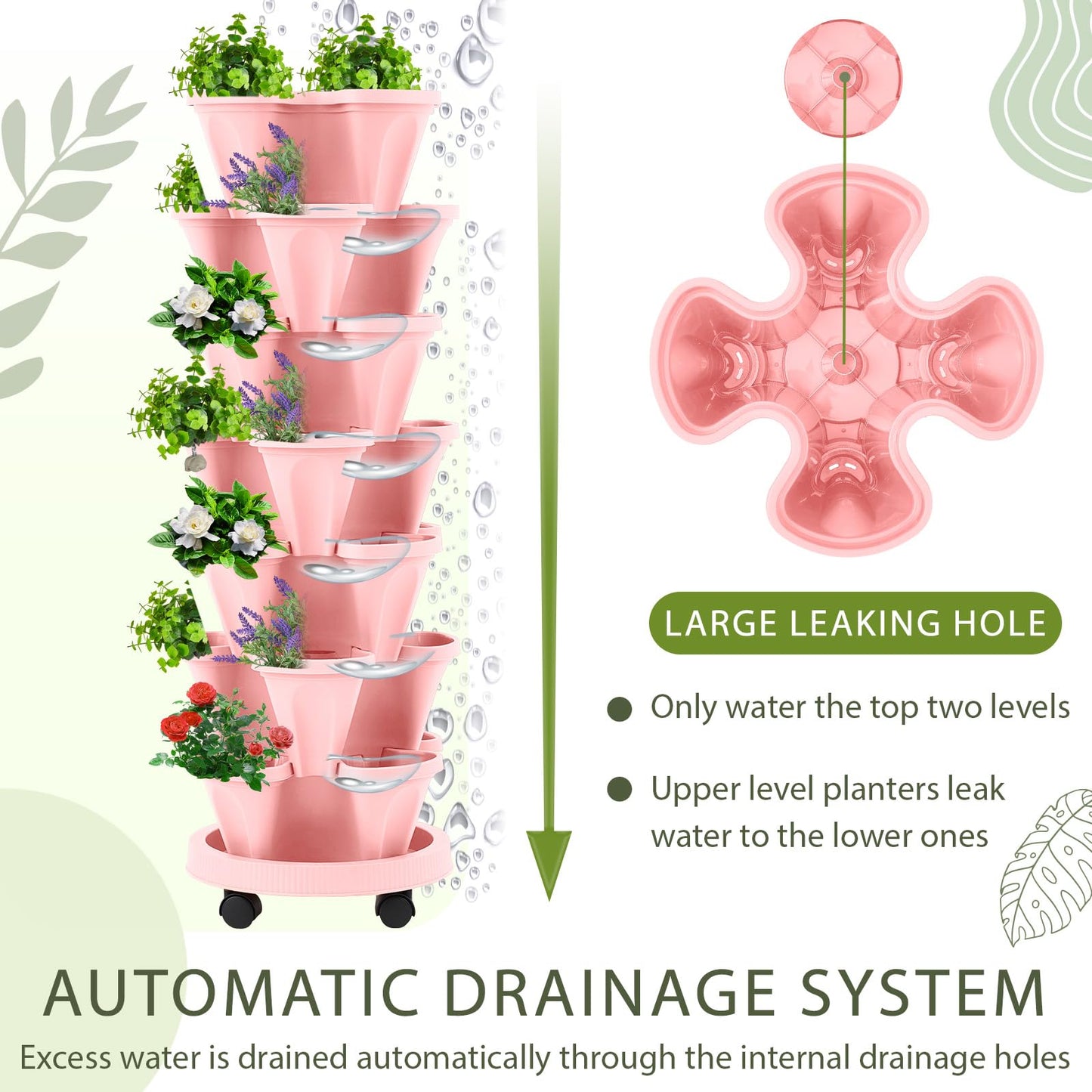 Umigy 2 Set of 7 Tier Vertical Planter Stackable Tower Planters Strawberry Herb Flower and Vegetable Pots Indoor Outdoor Gardening Pots with Removable Wheels and Tools(Pink)