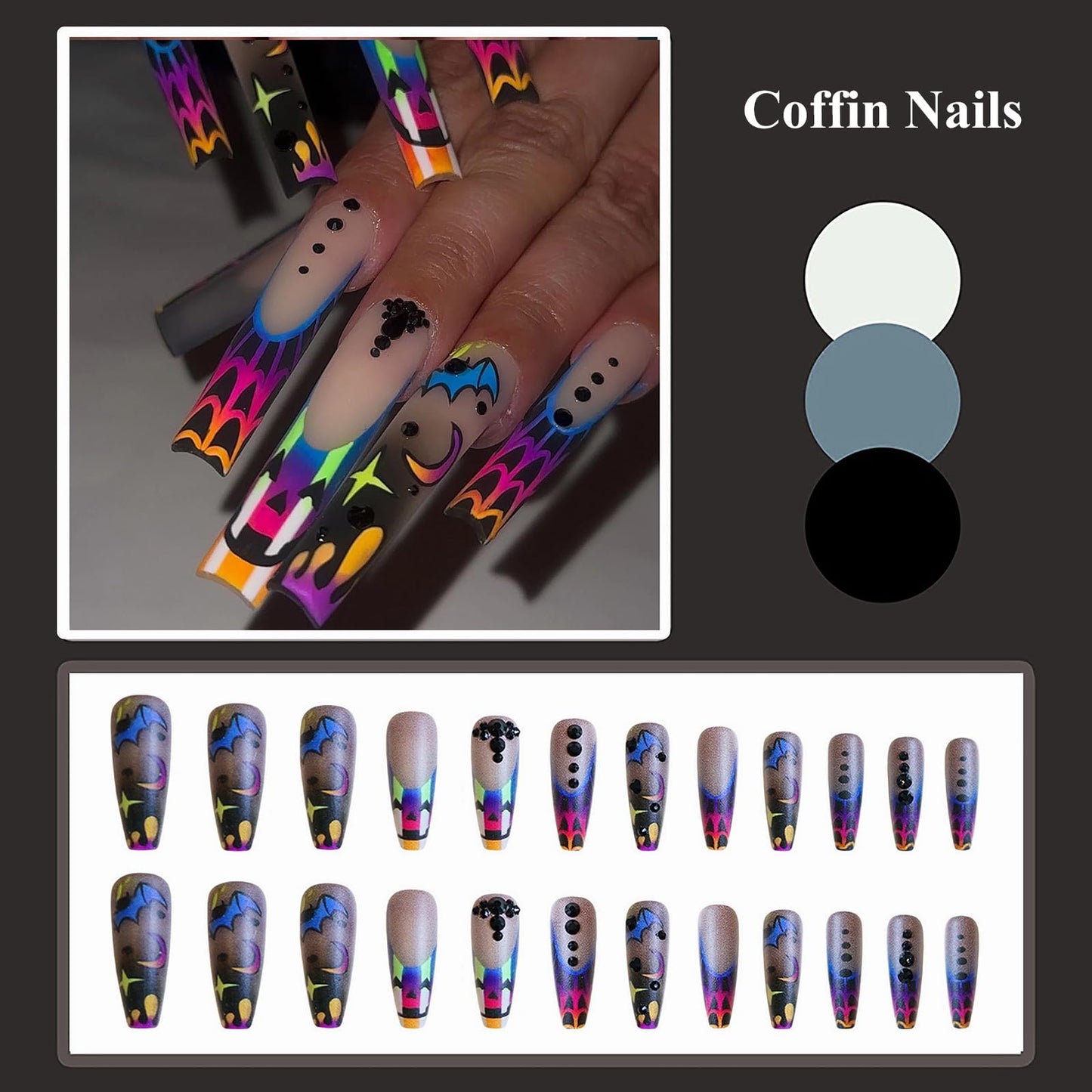 MISUD Press on Nails - Long Coffin Fake Nails with Goth Clown, Acrylic Gothic Bat Design 24 pcs