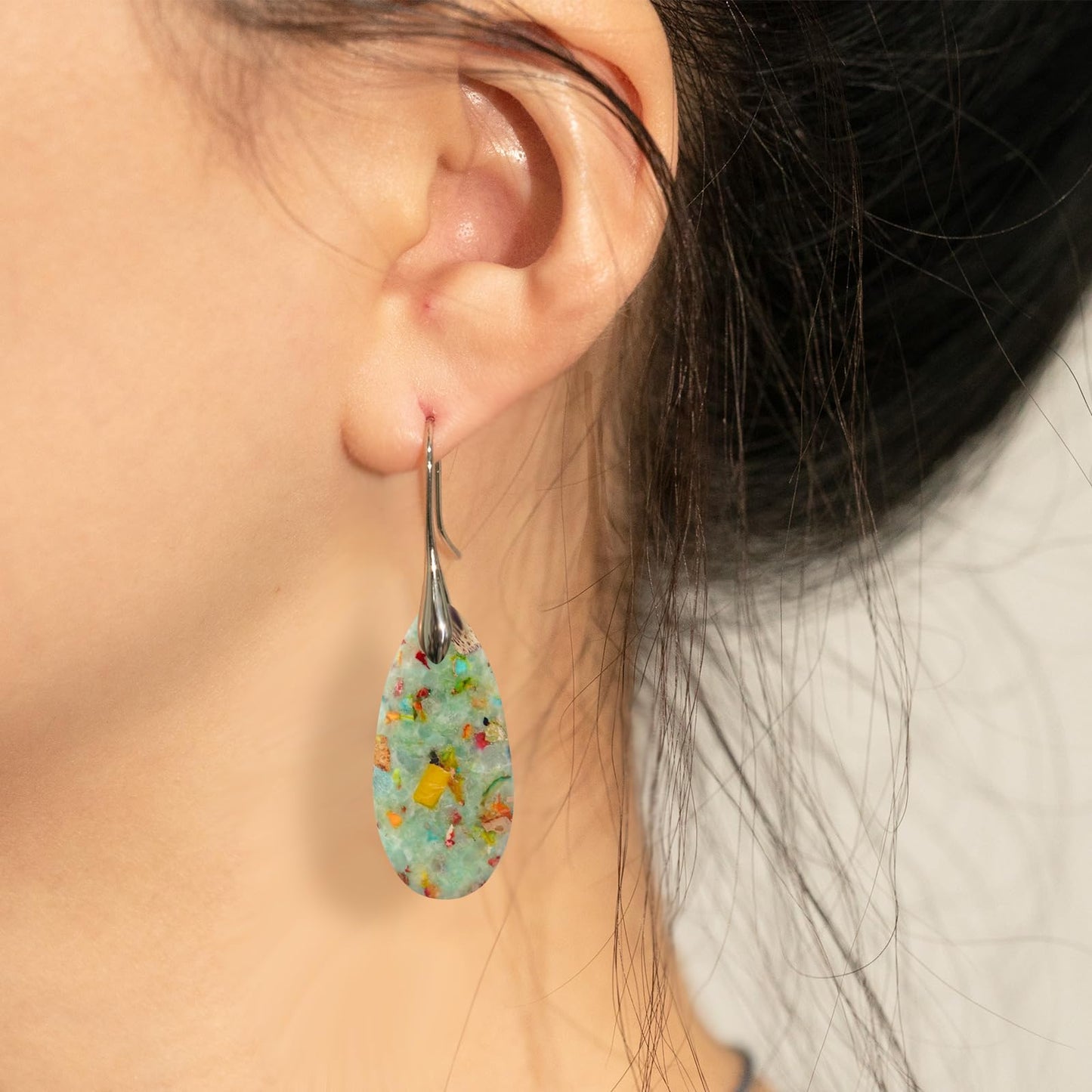 Natural Healing Stone Fishhoop Dangle Drop Earrings Statement Gold silver earrings (Cyan-Silver Hook)