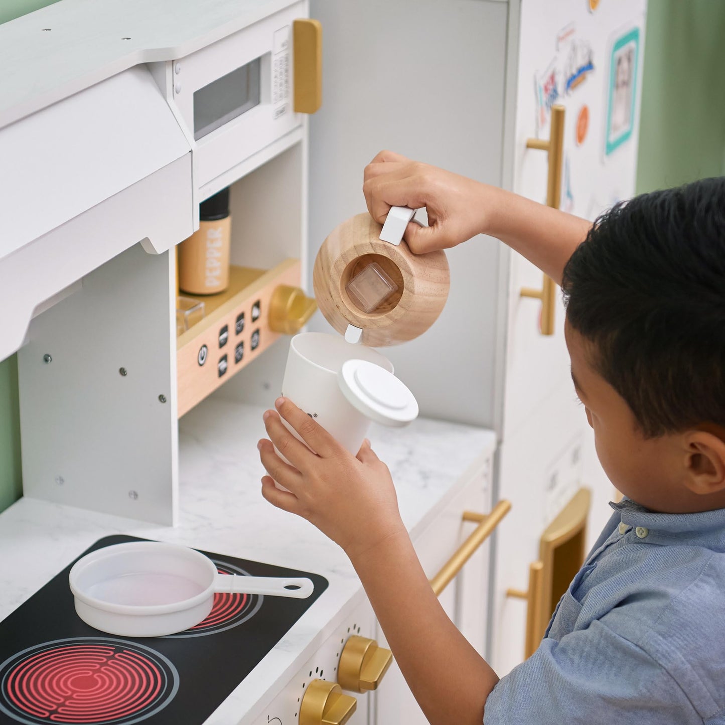 Teamson Kids Little Chef Atlanta Modular Wooden Play Kitchen, 3-Piece Set with Realistic Features & 17 Accessories, White/Gold, Interactive Toy for Toddlers & Kids, Cocina de Juguete
