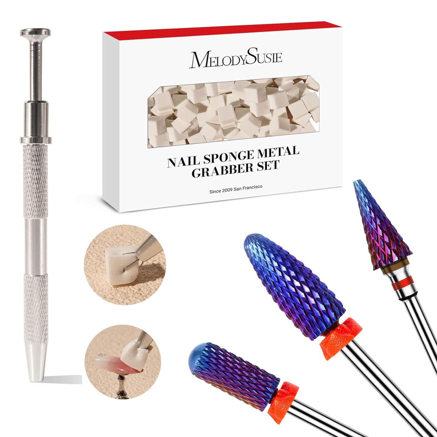 MelodySusie 100Pcs Soft Nail Sponges for Ombre with 3Pcs Nail Drill Bits Set, Long Flame, Smooth Round Top Small Barrel and Tapered Nib Bits