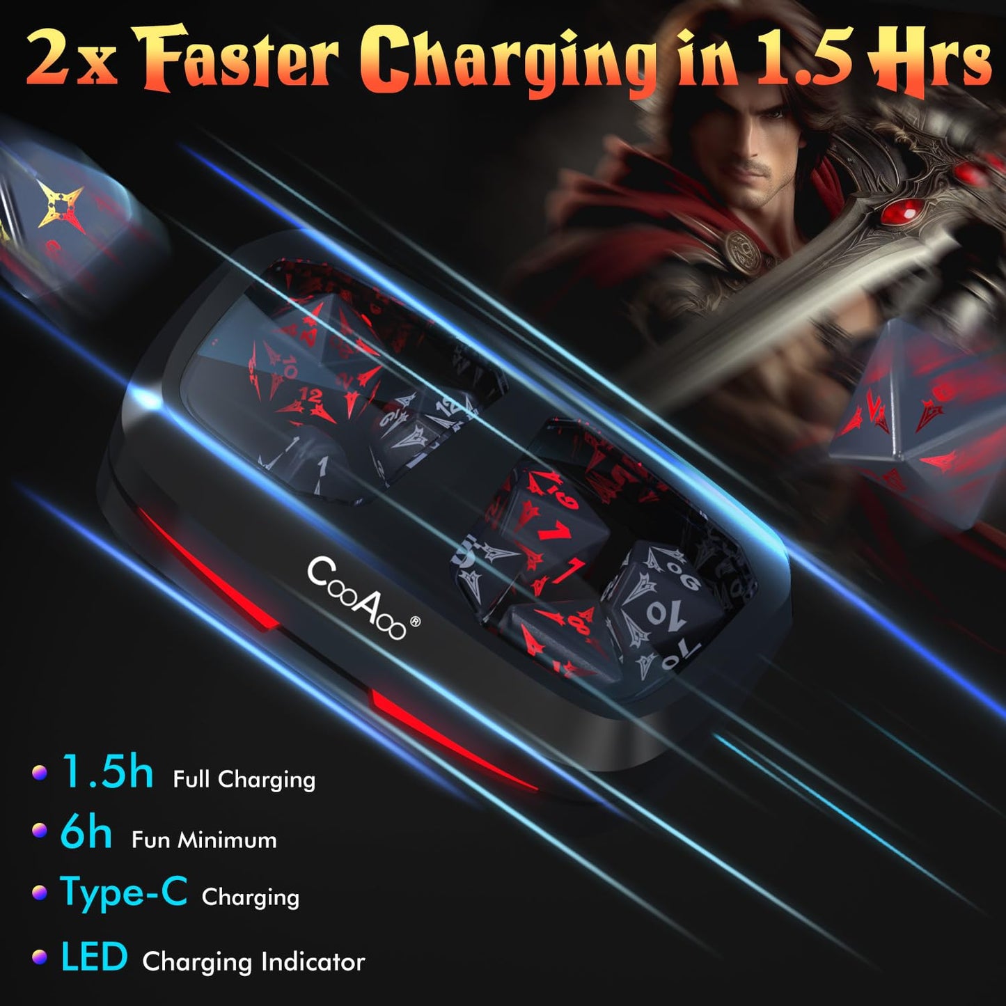 CooAoo Light Up DND Dice Set, Wireless Rechargeable Glowing Dice with Charging Box, 7 PCS Electronic Dice Set, LED RGB Polyhedral Role Playing D&D Dice for Dungeons and Dragons PRG MTG Games (Sword)