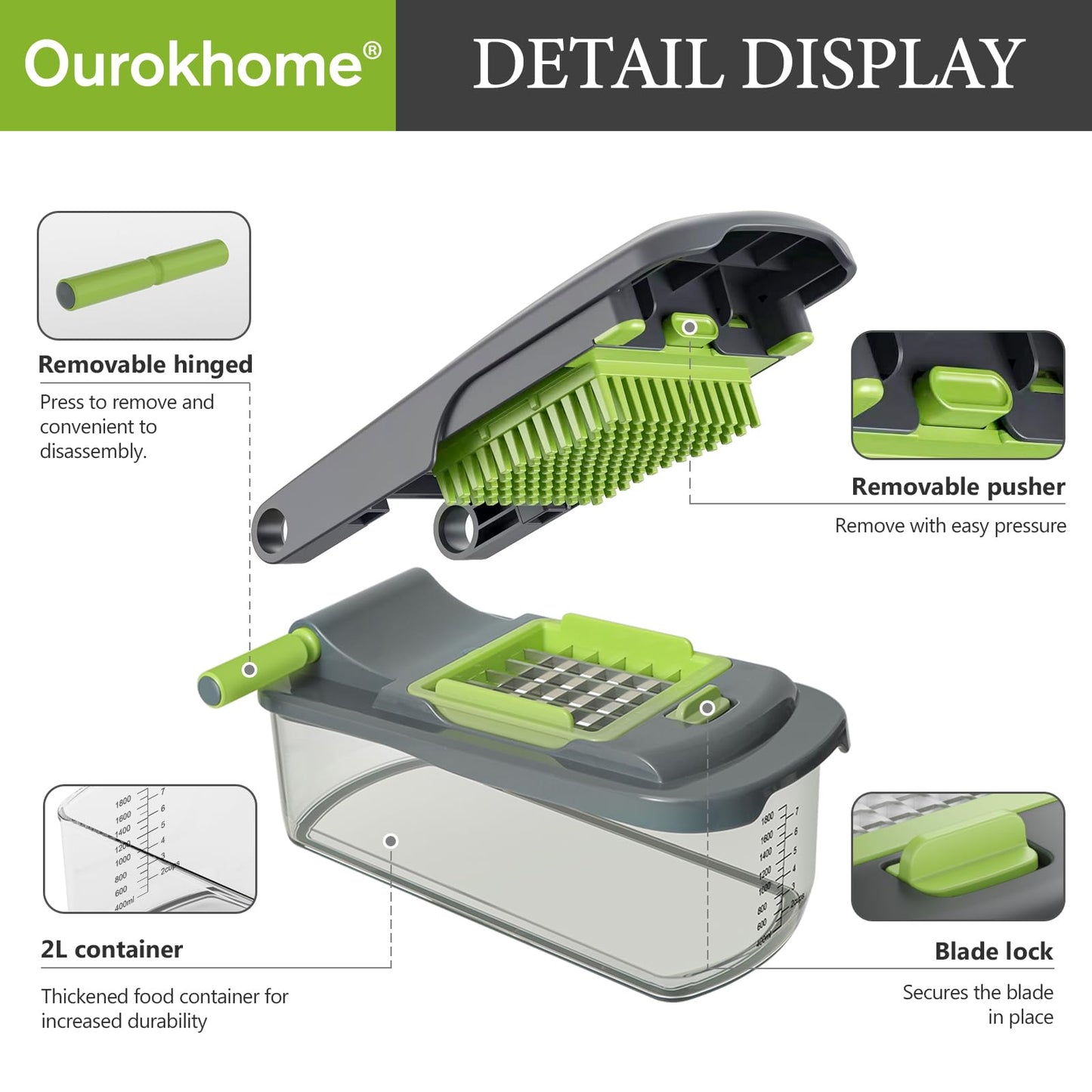 Ourokhome Food Chopper Manual Hand with Container, Mandolin Vegetable Slicer Onion Dicer with 8 Blades, Veggie Shredder for Potato, Tomato, Essential Kitchen Gadgets (8 in 1, Gray)