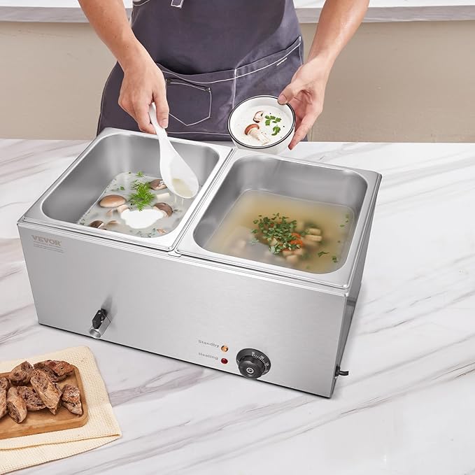 VEVOR 110V 2-Pan Commercial Food Warmer 1200W Electric Steam Table 15cm/6inch Deep Stainless Steel Bain Marie 24 Quart for Buffet Catering, Silver