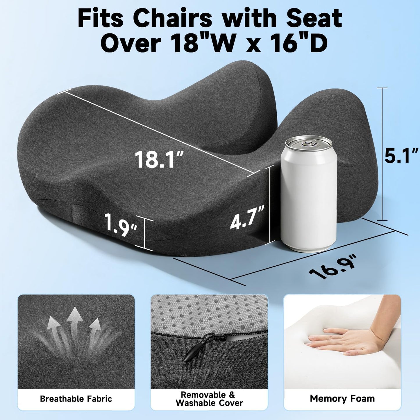 Tuozaiira Seat Cushion for Office Chairs – Large U-Shaped Memory Foam Desk Chair Cushions for Long Sitting Comfort, Ergonomic Thick Support Pad for Work from Home & Daily Office Use