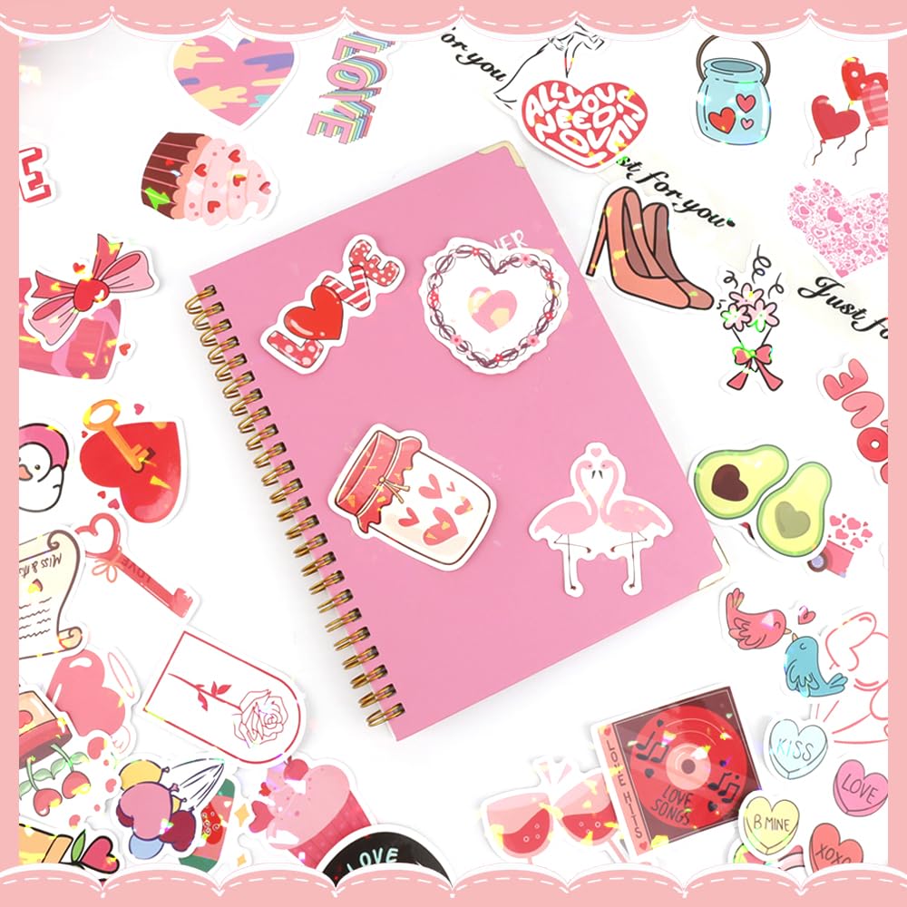 Valentines Stickers, Love Stickers, 100 PCS Holographic Valentine's Day Sticker, Pink Heart Decal Bulk, Waterproof Vinyl Sticker for Waterbottle, Scrapbooking, Envelope Card Mailbox Classroom Gift