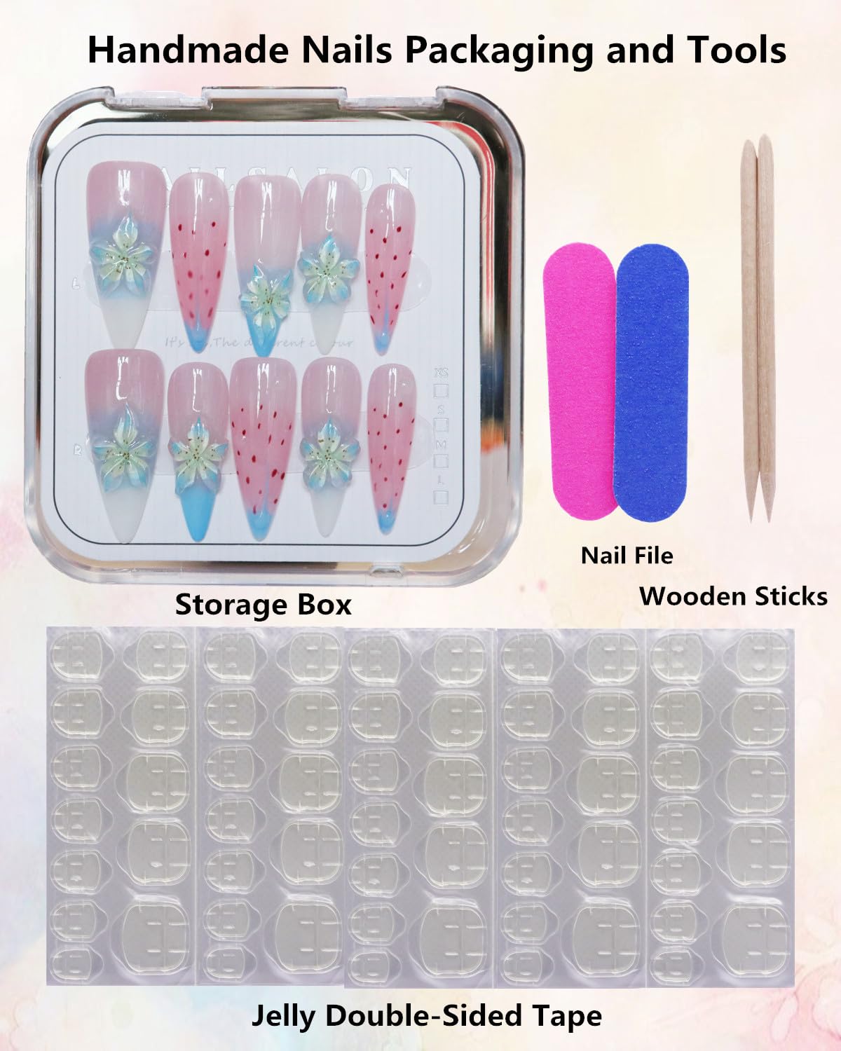 CAMILCY Luxury Handmade Press on Nails Pink Blue Gradient Stiletto nail Cherry Blossom Glitter Fake Nails with 3D White Flower Acrylic Glossy Reusable Elegant Artificial Nails for Women (A022, S)