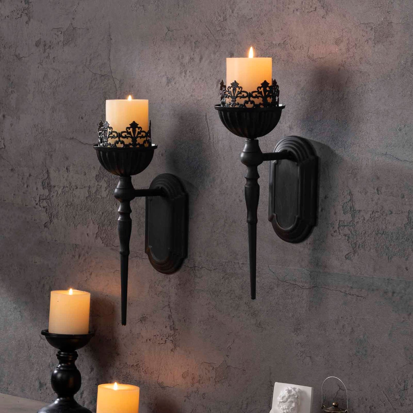 Gothic Wall Sconce Candle Holder (Set of 2) Black Crown and Scepter Design Wall-Mount Metal Candle Holders Hanging Iron Wall Candle Sconce Holder for Living Room, Bathroom, Dining Room