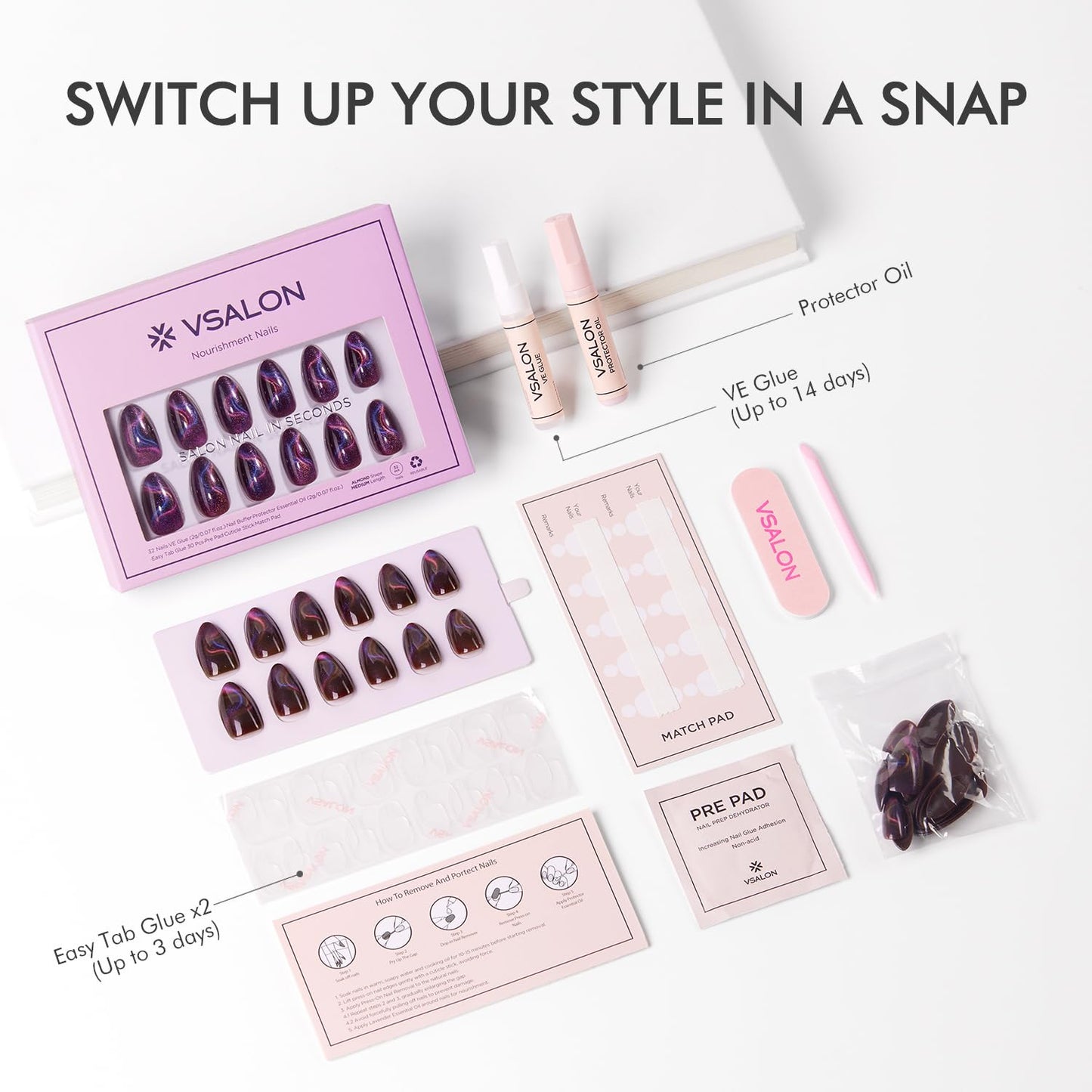VSALON Press on Nails Short Almond - Cat Eye Dark Purple Shimmer Nails Kit for Women, Blue Pink Ribbon Shining Reusable Opaque Salon Quality Glue on Nails - 32 PCS 16 Sizes