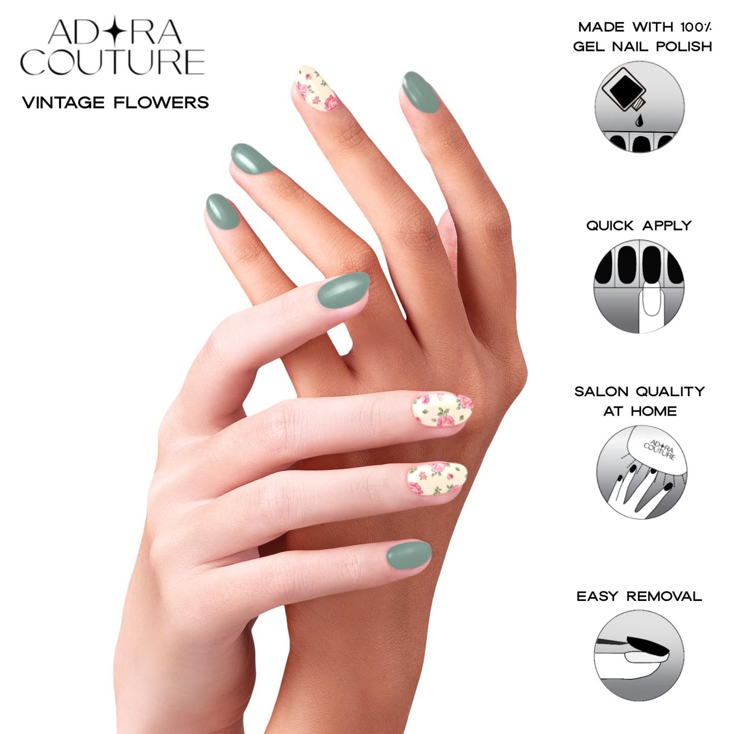 Adora Couture Semi Cured Gel Nail Strips with 30 Pieces - Salon Quality Manicure Kit for Women Easy Application Wraps Includes Prep Pads Nail File Wooden Stick, UV Light Required (M Vintage A)