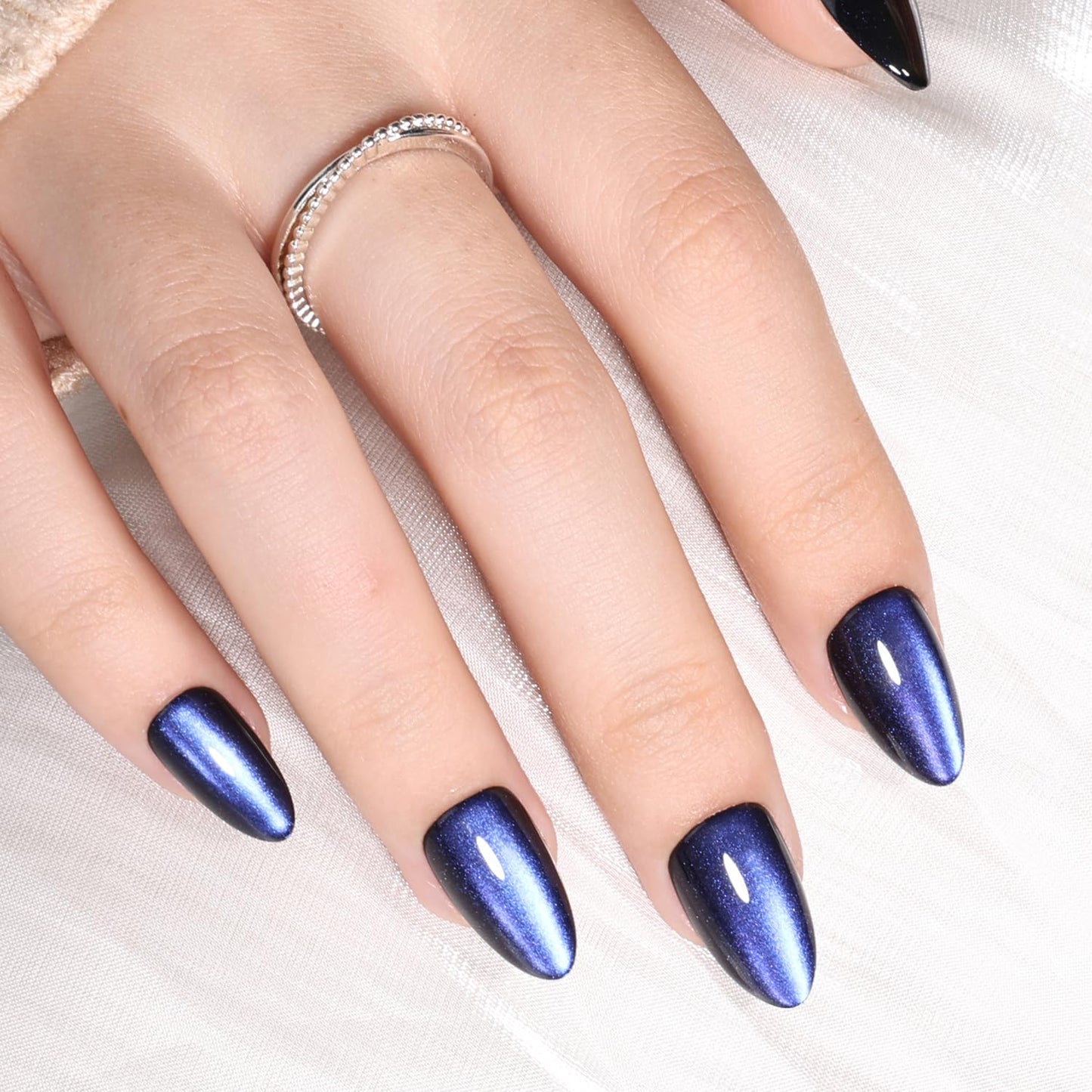 Blue Cat Eye Press On Nails Almond - Dark Blue Short Almond Fake Nails, Cateye Press On Nails Reusable Stick On Nails in 16 Sizes, 32pcs False Nail Kit for Women & Girls (Deep Ocean)