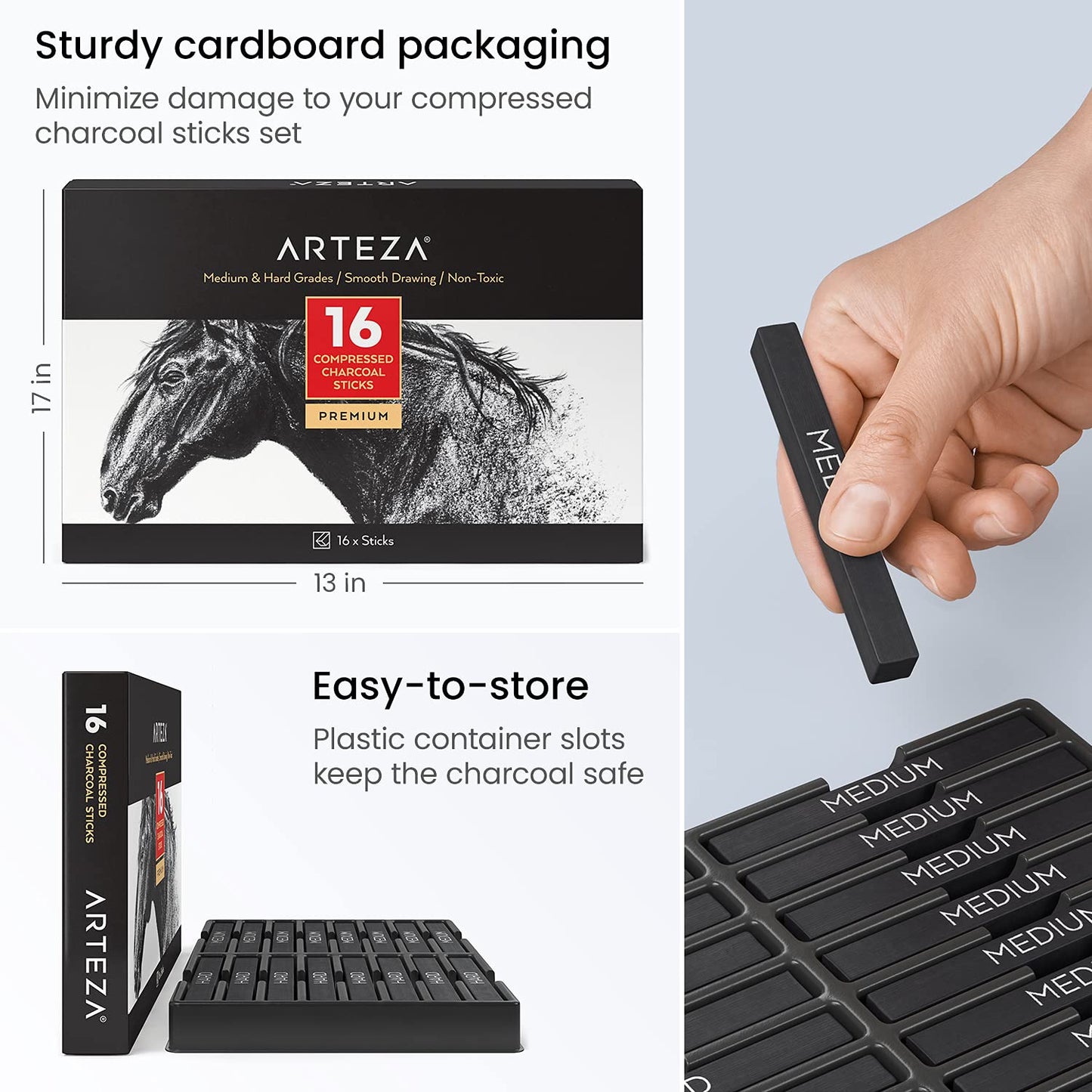 ARTEZA Compressed Charcoal Sticks Set of 16 – Medium and Hard Drawing Crayons for Sketching, Shading, Line Work in Charcoal Art and Figure Drawing