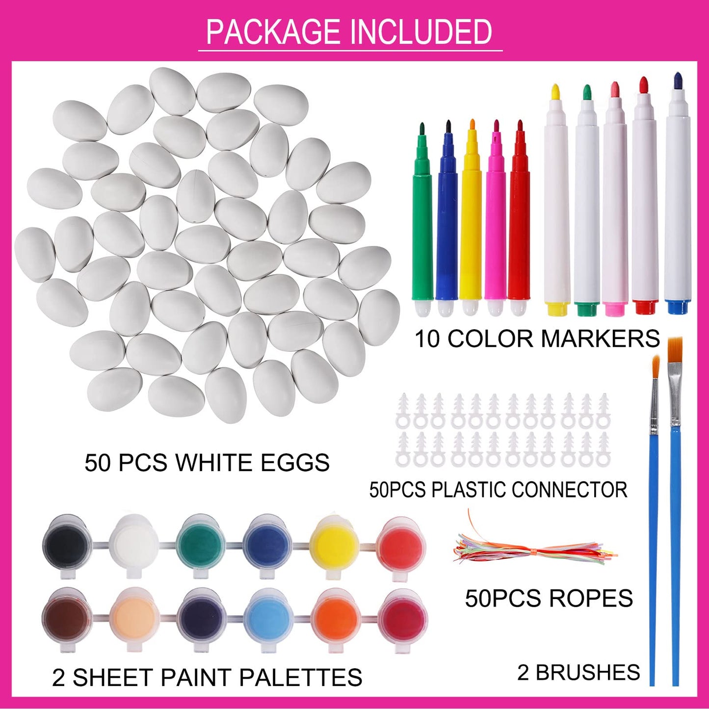 Max Fun 50 Pcs White Blank Easter Eggs Ornaments Bulk Decoration for Craft Hanging Plastic Artificial Eggs with Rope DIY Painting Decorating Basket Fillers Gift Easter Party Favors
