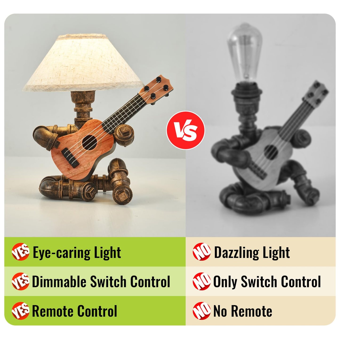 Lovefindahome Vintage Industrial Robot Guitar Table Lamp with Bulb - Remote Control,Timer,Dimmable - Cool Gifts for Music Lovers,Men,& Musicians - Steampunk & Retro Style Bronze