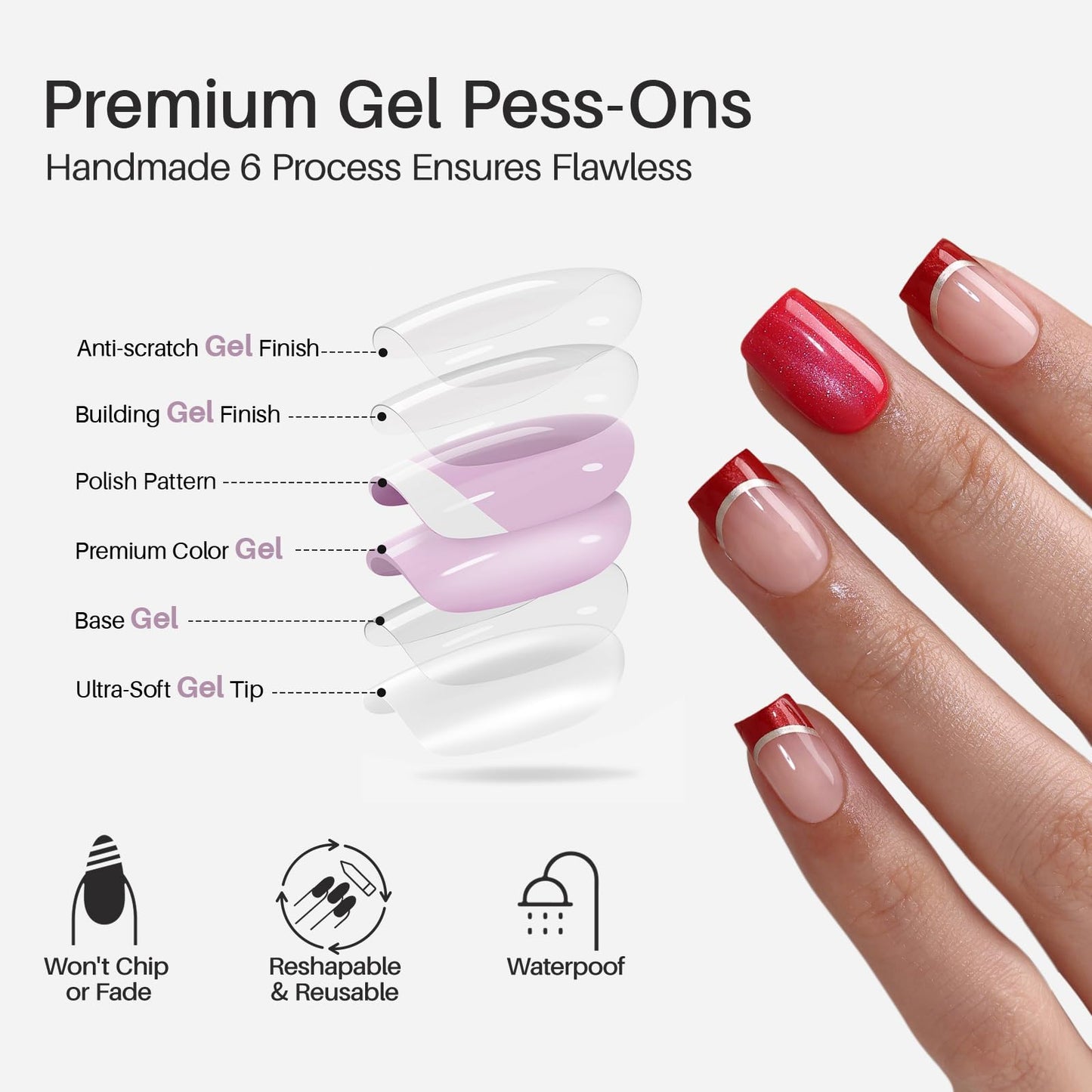 Red Glitter Press on Nails and French Tip Nails with Silver Line - SHANGMENG Soft Gel Short Square Nails for Women Gift, Glossy Glue on Nails in 16 Sizes - 32 Reusable Fake Nails Kit, Muse & Flame