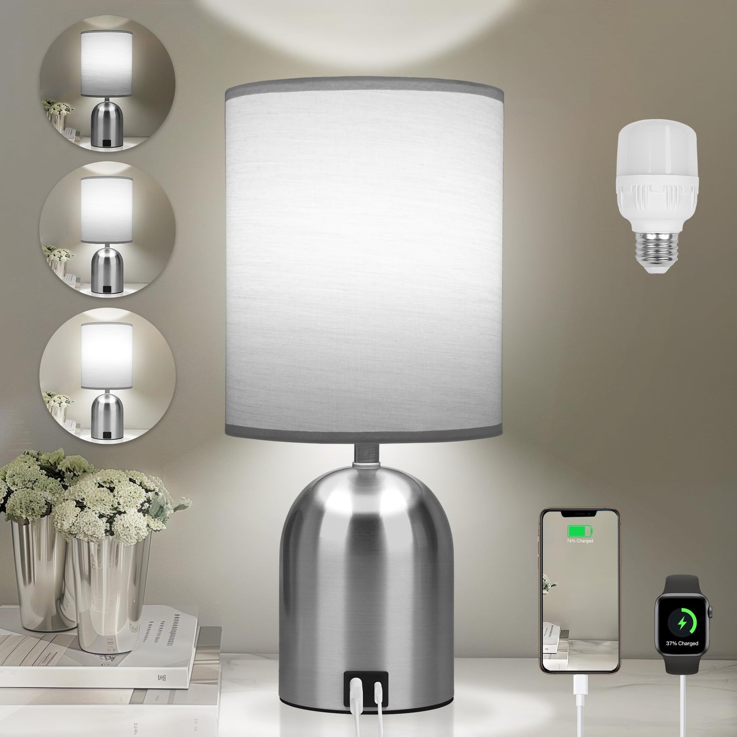Fttoyoly Bedside Table Lamp for Bedroom, 3 Way Dimmable Touch Small Desk Lamp for Office with USB Charging Port Lamps for Living Room, Bedroom, Reading Room, Office, Grey/Sliver, Silver