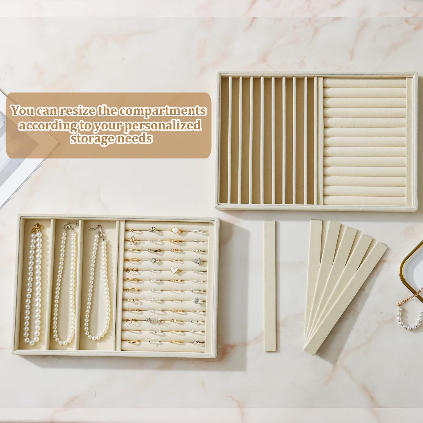 KATISYIO Large Jewelry Organizer for Drawer Insert Velvet Stackable Jewelry Trays for Earring Necklace Bracelet Ring Display (Beige, Ring and 9 Grids)