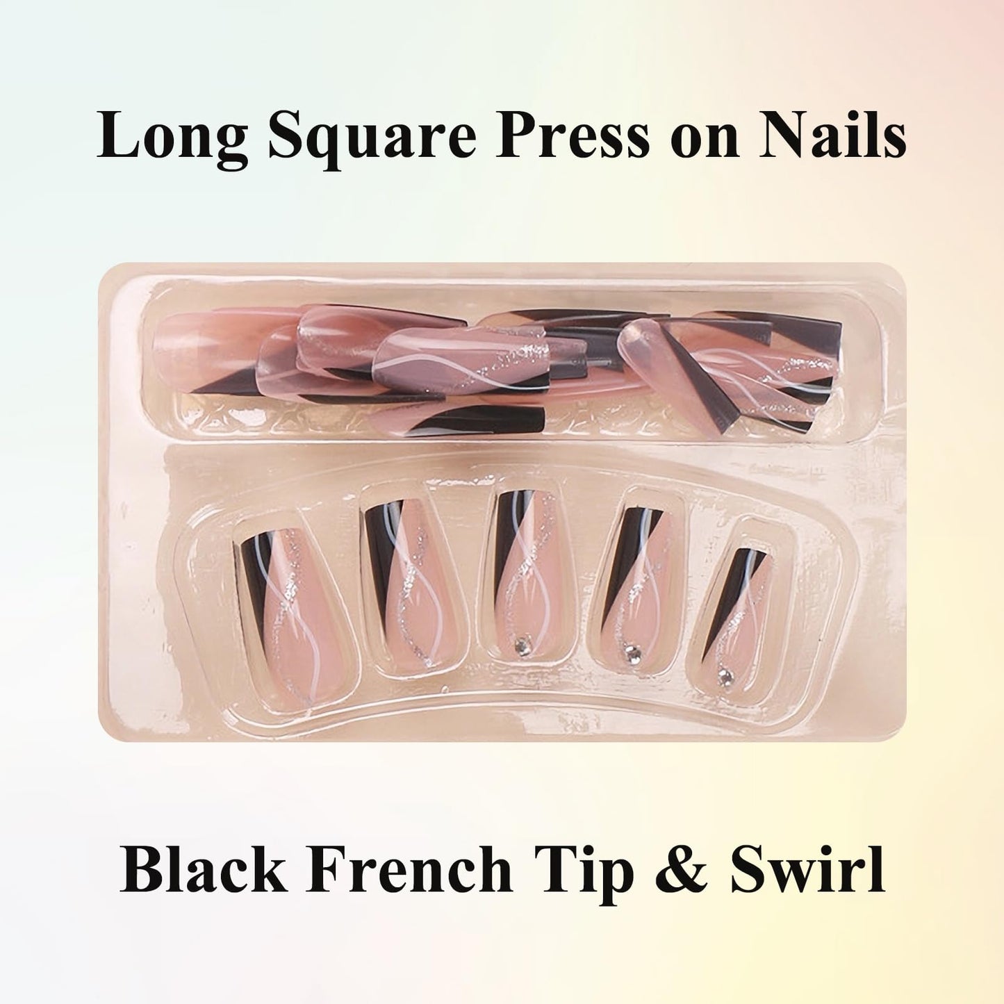 MISUD Press on Nails - Long Square Fake Nails with Black French Tip, Acrylic Bling Glitter Rhinestone Design 24 pcs