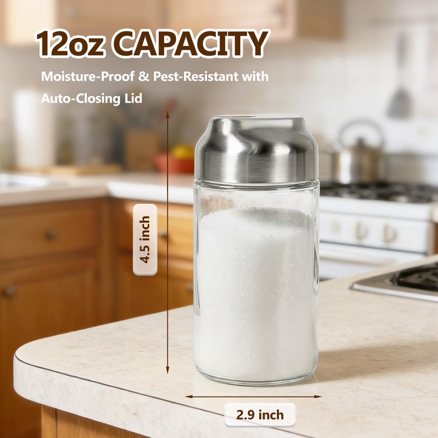 Sugar Dispenser with Flip-Top Pour Spout, 12 oz Glass Multi-Purpose Shaker for Sugar, Parmesan, Spices & Seasonings, Perfect for Coffee Bar, Tea, Baking & Kitchen Use