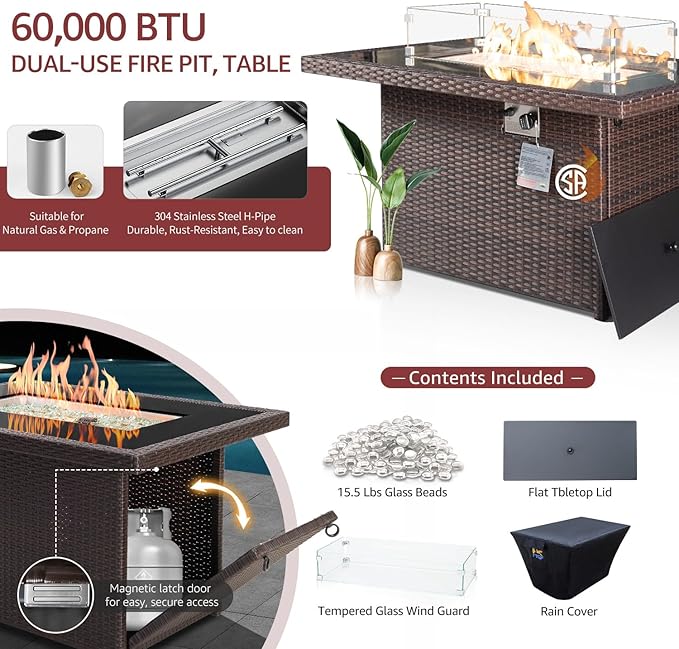NICESOUL 11 Piece Modern Outdoor Patio Furniture Set with Firepit Propane/Natural Gas, 29.3'' High Back Wicker Conversations, 10 Seater Large Wide Sectional for Outside, Brown Rattan and Red Cushion