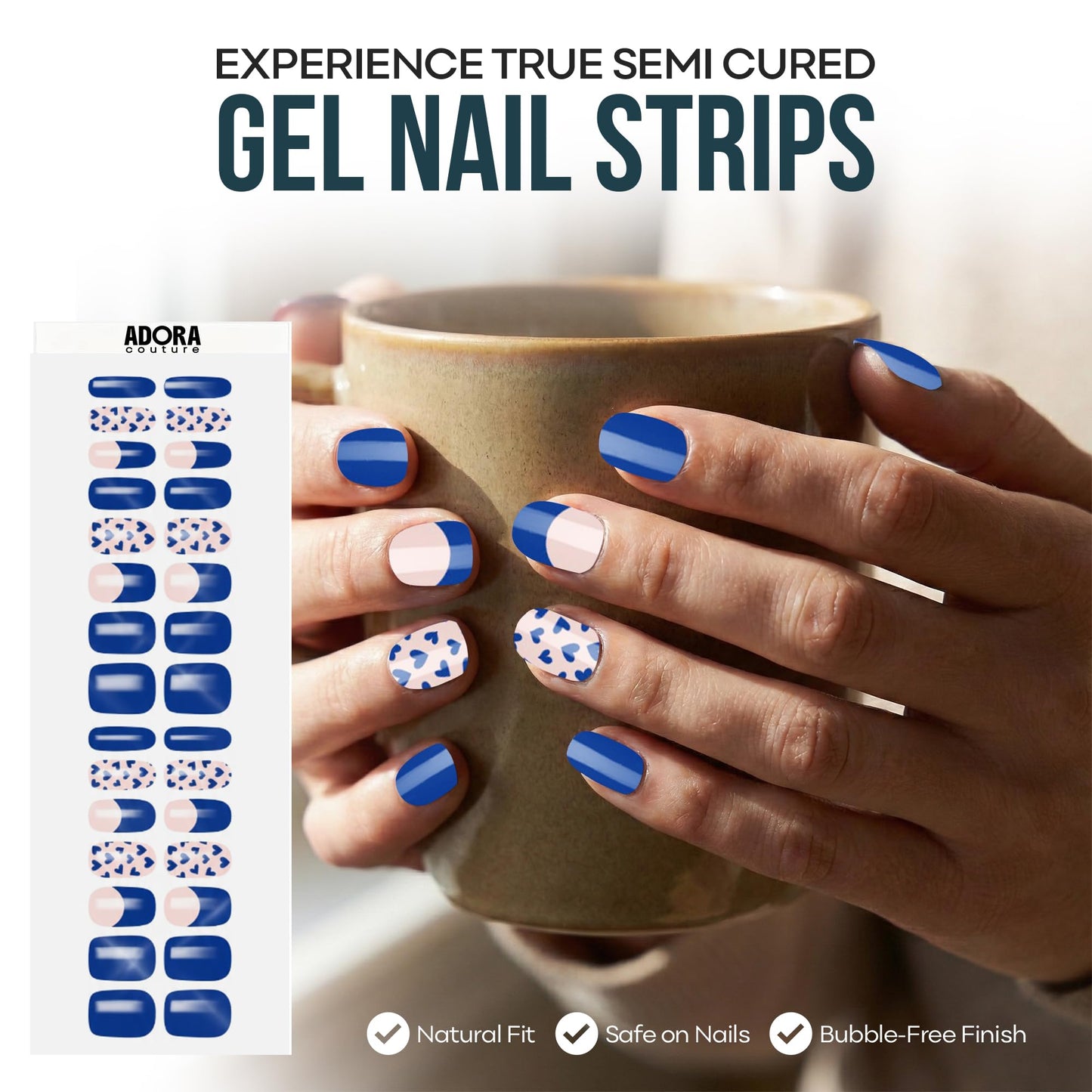 Adora Couture Semi Cured Gel Nail Strips with 30 Pieces - UV Gel Stickers, Manicure Kit, Easy Application Wraps Includes Prep Pads, Nail File, Wooden Stick - UV Light Required (Cobalt Canvas)