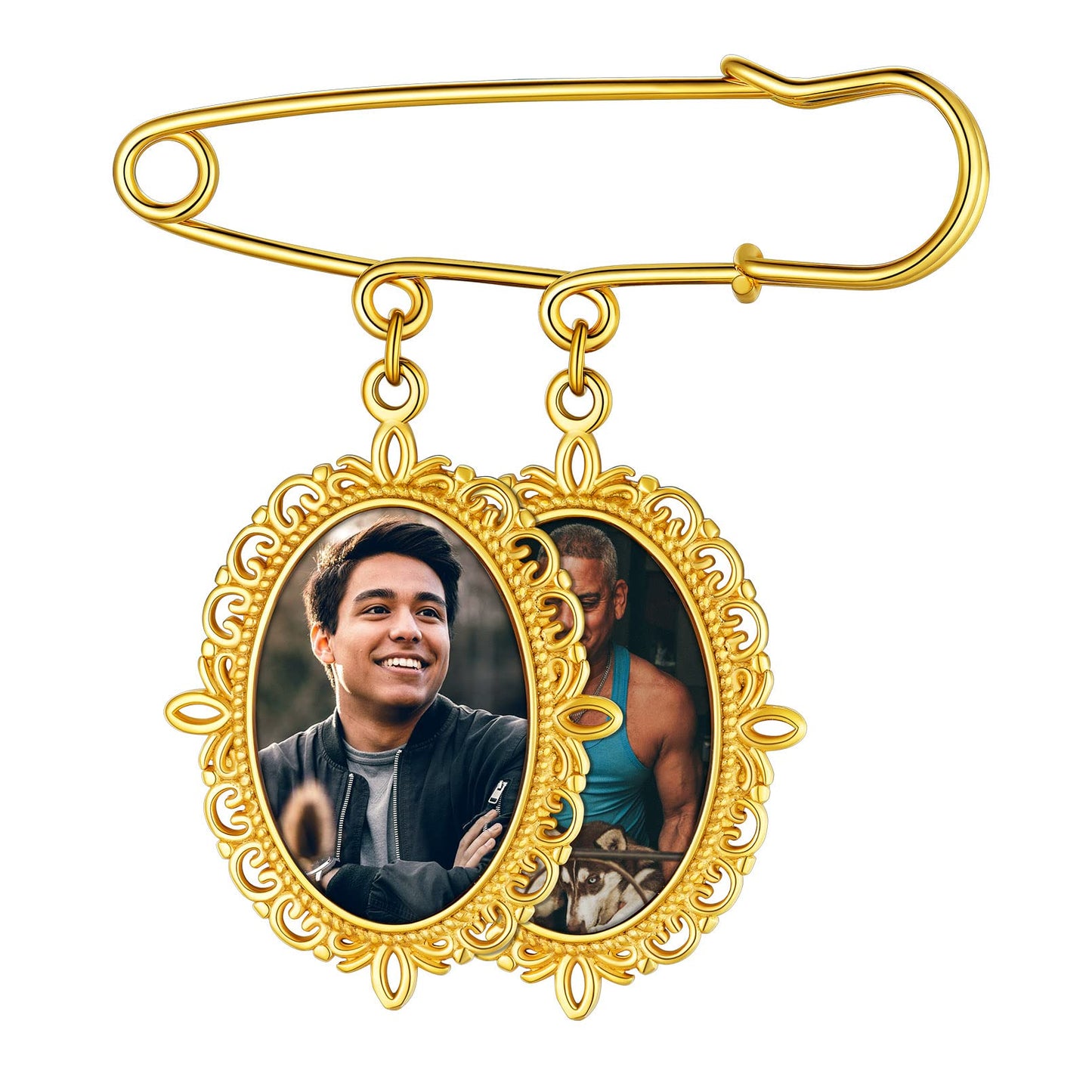 Custom4U Memorial Charm for Wedding Bouquet Oval Shaped Memory Charms Brooch Pins Funeral Boutonniere with 2 Pictures Engraved