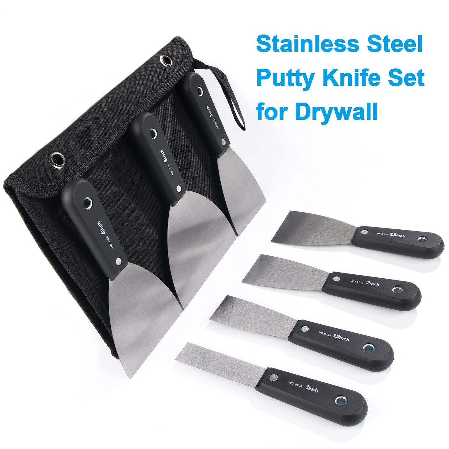 weiwei 7 PCS Metal Putty Knife Set Multi-sized Spackle Knife with Storage Bag Rustproof Putty Scraper Knives Drywall Tools for Wall Repair Wall Paint Spreading Drywall Spackle and Mud for Craftsman