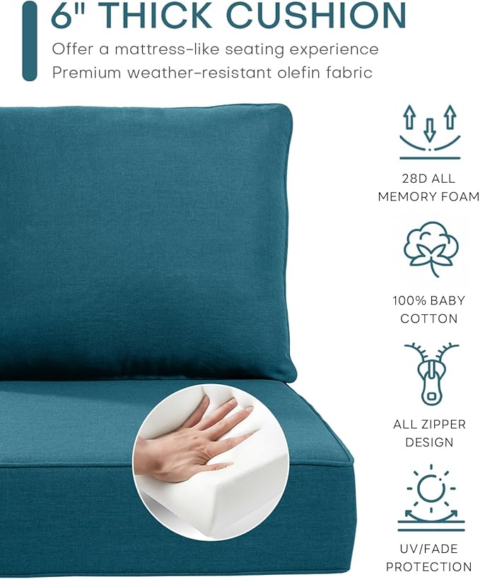 Luxury 24x24x6 Inch Outdoor Cushions - Water&UV&Fade Resistant 1 Set Patio Back&Seat Cushion for Wicker Dining Rocking Swivel Chairs Loveseat Couch Sectional Sofa - Peacock Blue
