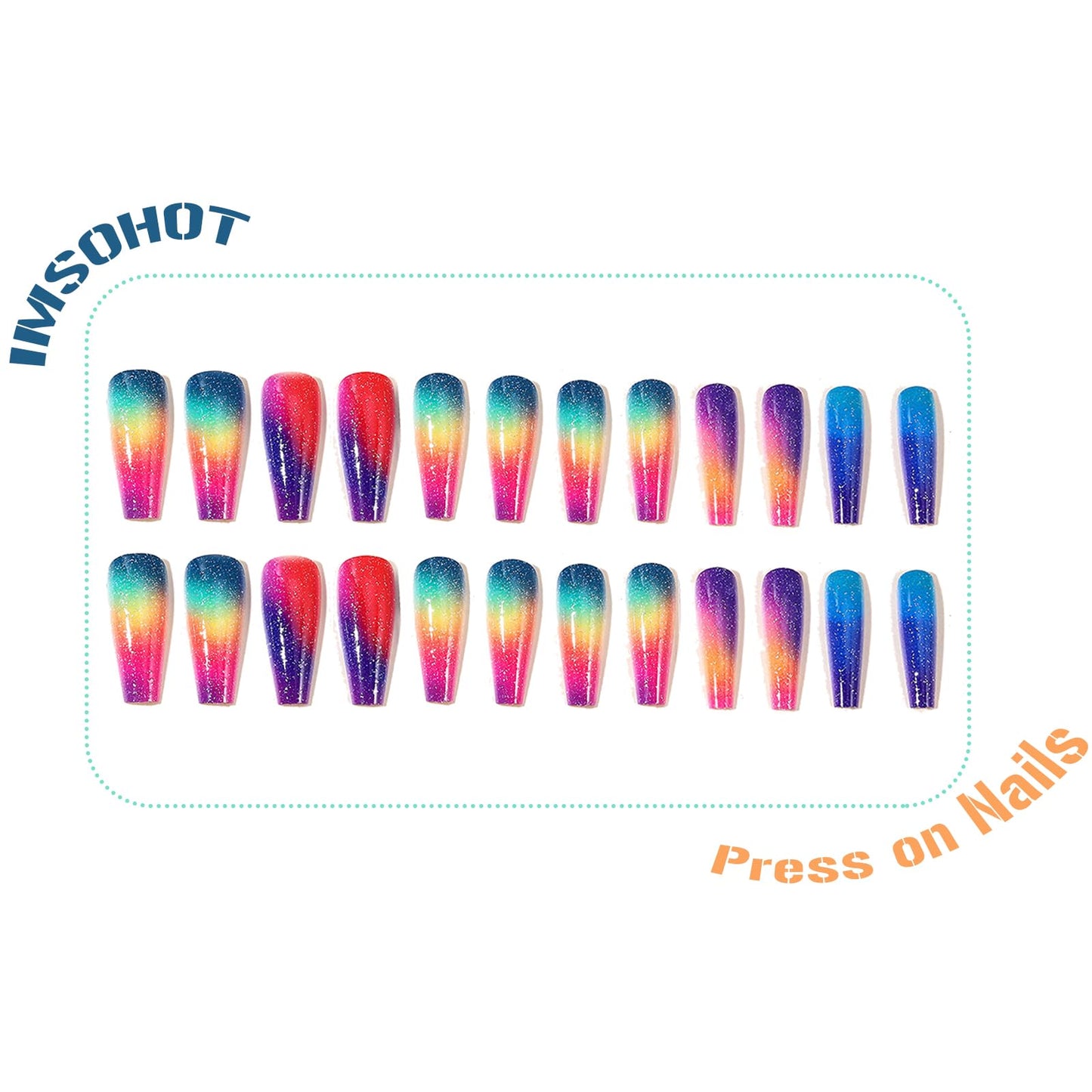 IMSOHOT Long Press on Nails Colorful Coffin Fake Nails Rainbow Ombre Glossy Glue on Nails Full Cover Cute Ballerina Acrylic False Nails for Women 24Pcs