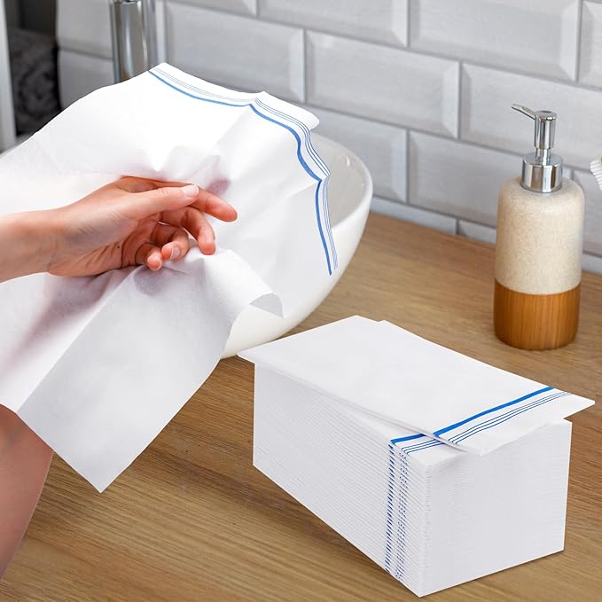 100 Disposable Paper Hand Towels for Bathroom, Linen Feel Guest Towels, Soft and Absorbent Paper Towels Napkins Bulk for Home Dinner Kitchen Wedding, 12" x 17"(Blue Trim Lined)