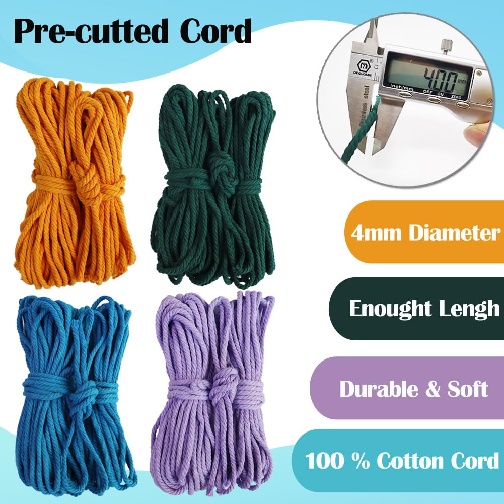 Ewparts Macrame Plant Hanger Kit with Instruction Book Tutorials Metal Rings 4mm Macrame Cord Green/Purple/Orange/Blue Pre-Cutted for Making 4 Macrame Plant Hangers Macrame Kit for Adults Beginners
