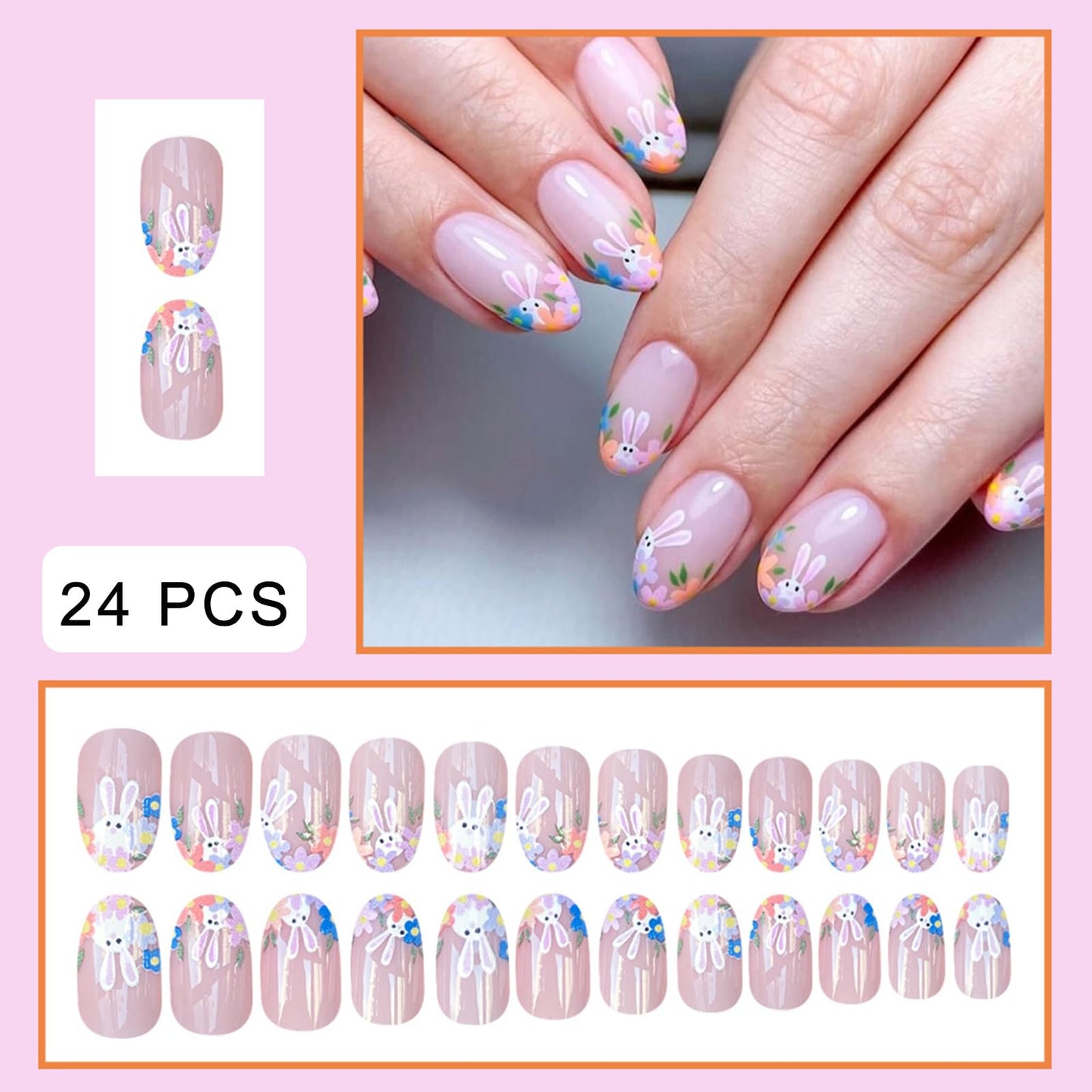 Easter French Press on Nails Medium Almond Matte Fake Nails Spring Daisy Flowers False Nails Cute Rabbit French Acrylic Stick on for Women Easter Holiday Manicure Decoration 24Pcs
