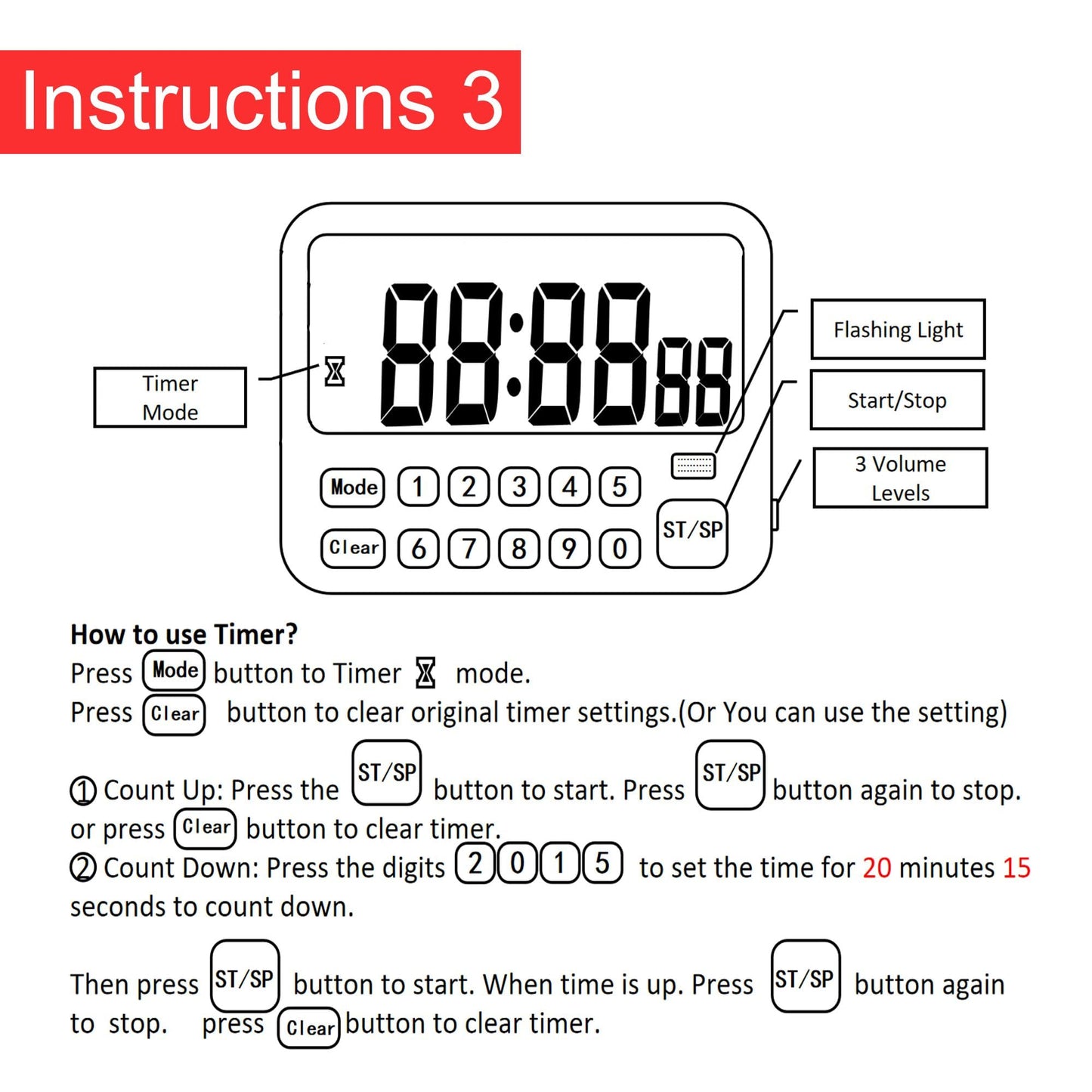Digital Multifunction Timer with Clock, 10 Preset Alarms, Countup & Countdown, Memory Settings, White