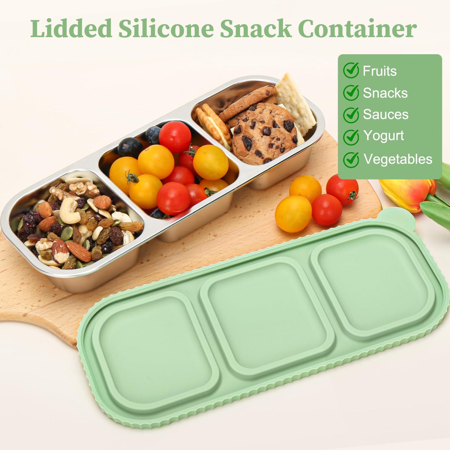 suhunide ﻿ 3 Compartment Stainless Steel Snack Containers ，Reusable Snackle Box Container with Leakproof Lids Metal Bento Lunch Boxs Food Storage Containers for Travel Picnics Office