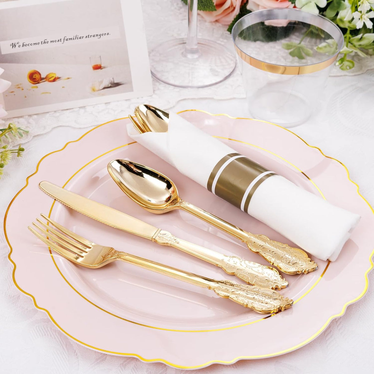 Liacere 350PCS Pink Plates Disposable - Pink and Gold Plates 50guest Baroque Plastic Dinnerware include 100Plates, 50Pack Pre Rolled Napkins with Silverware 50Cups Perfect for Wedding＆Mother's Day