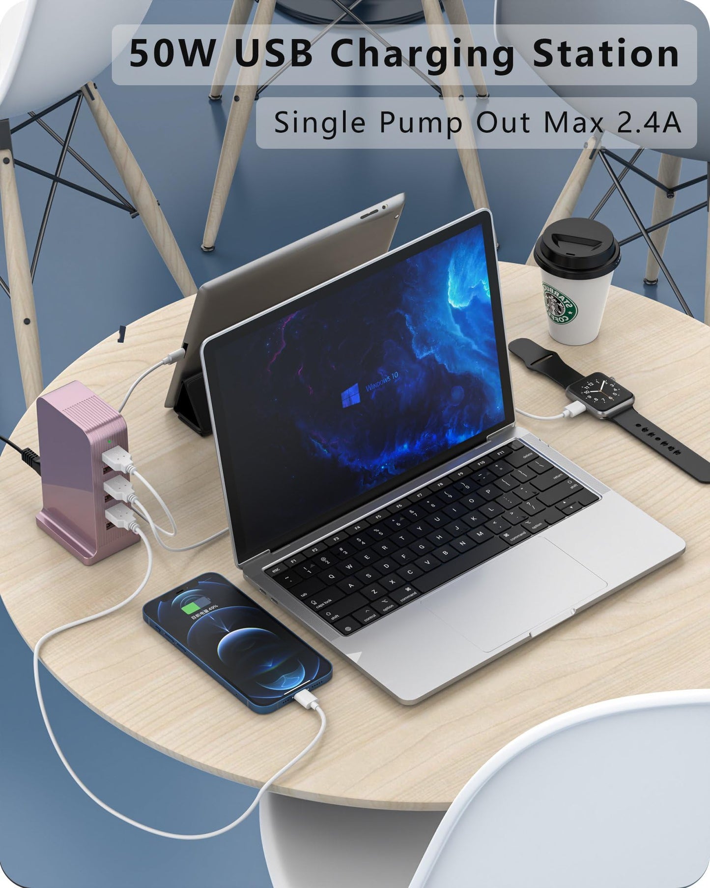 VPSUN Charging Station for Multiple Devices,VPSUN 50W USB Charger Tower,Multi 6 Port USB Charging Hub Compatible with iPhone 15/14/14 Pro/14 Pro Max/Android/Samsung/Tablet,etc(Pink, 50W)