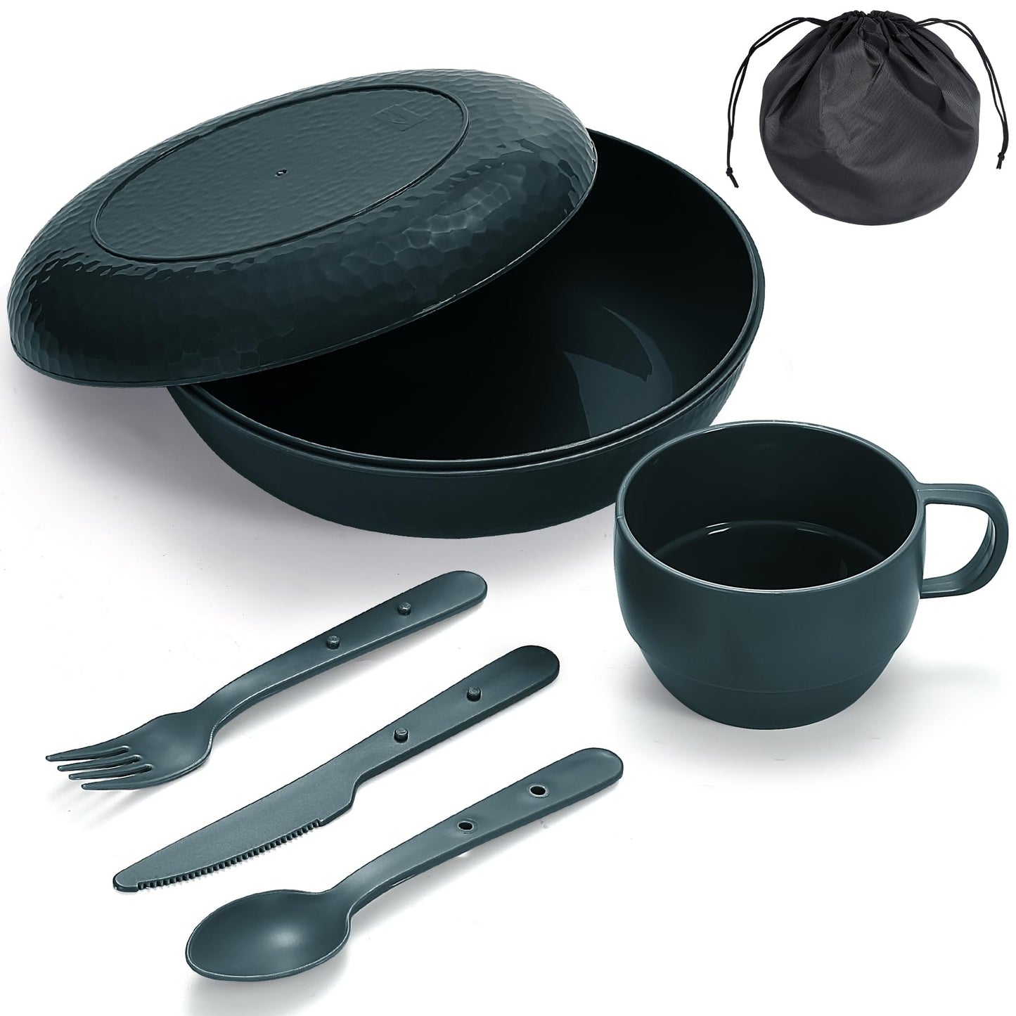 Berglander Camping Mess Kit with Bowl, Plate, Cup, Spoon, Fork, Knife and Carry Bag, Plastic Camping Accessories Essentials Gear for Travel, Camping, Picnic, Outdoor, Light Weight Easy to Carry
