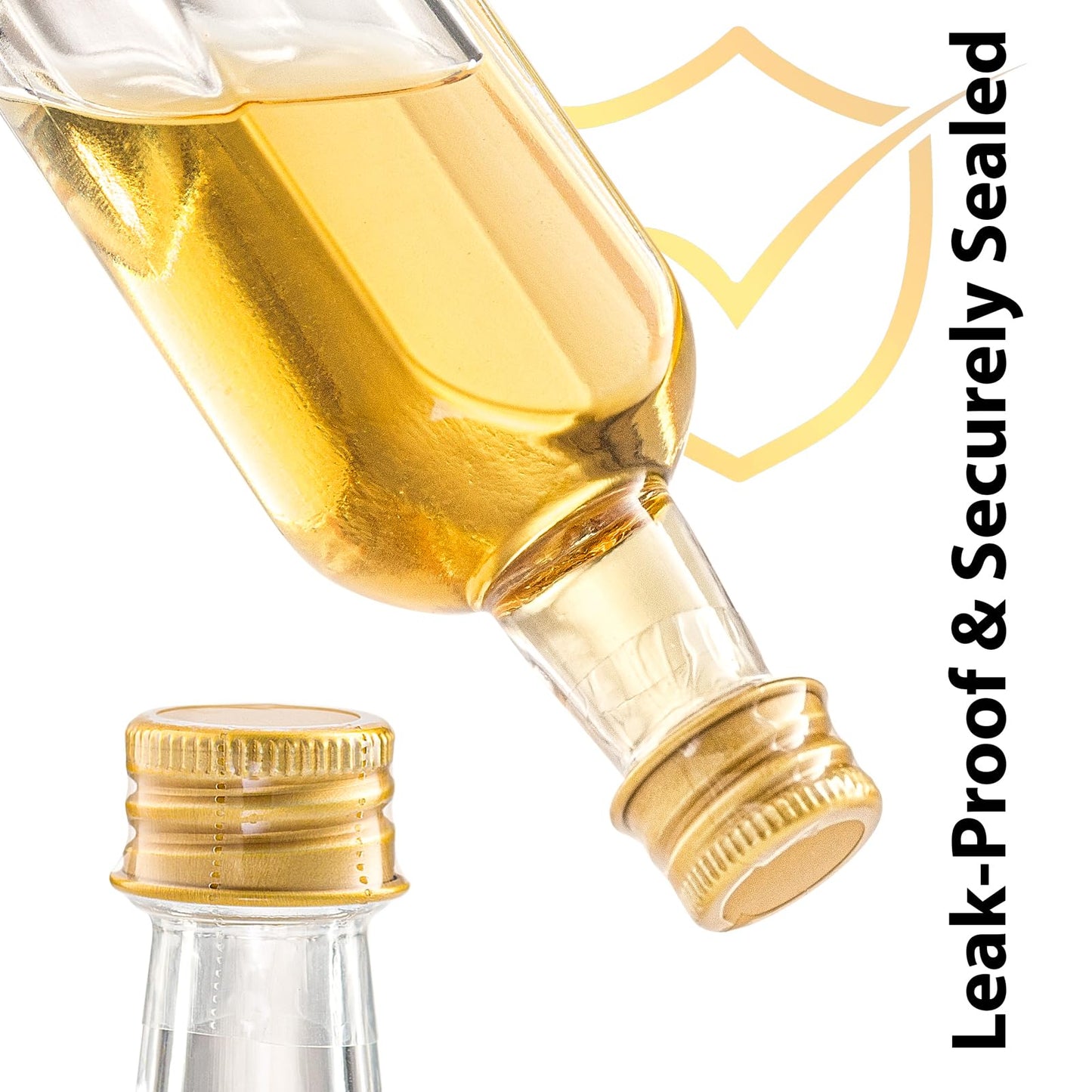 PELLAH GOODS 50 ml (1.7oz) Mini Small Glass Bottles With Leak Proof Gold Caps, Aluminum Lids, 24 Pack, For Liquor Wine Alcohol Ginger Shots Samples Decorative