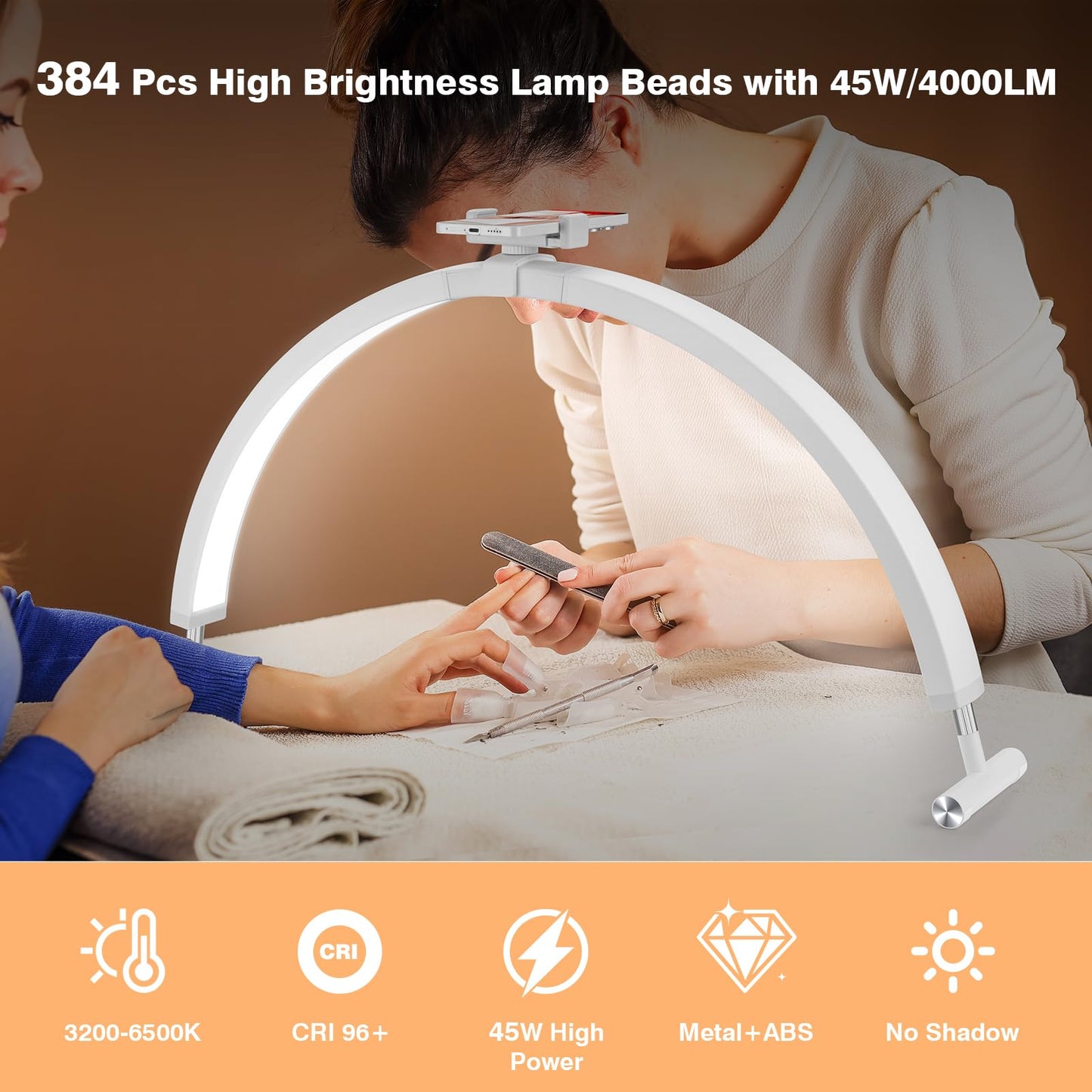 Mznoo Half Moon Light for Nail Desk, 30'' Large Half Moon Desk Lamp with Phone Holder, Professional Nail Tech Light with 3 Color Modes and 5 Brightness for Manicure Salon and Handicraft (White)