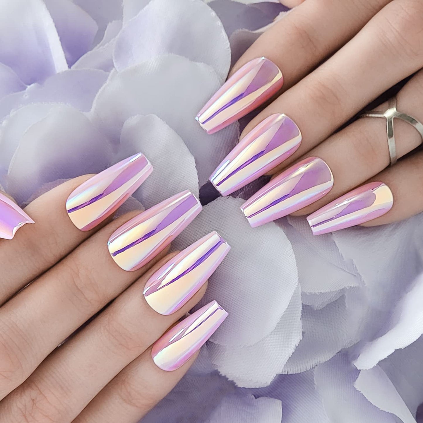 Hypnaughty Press On Nails - Party Star Chrome & Noir Matte Coffin, Trendy & Salon Quality Reusable Nails With Kit