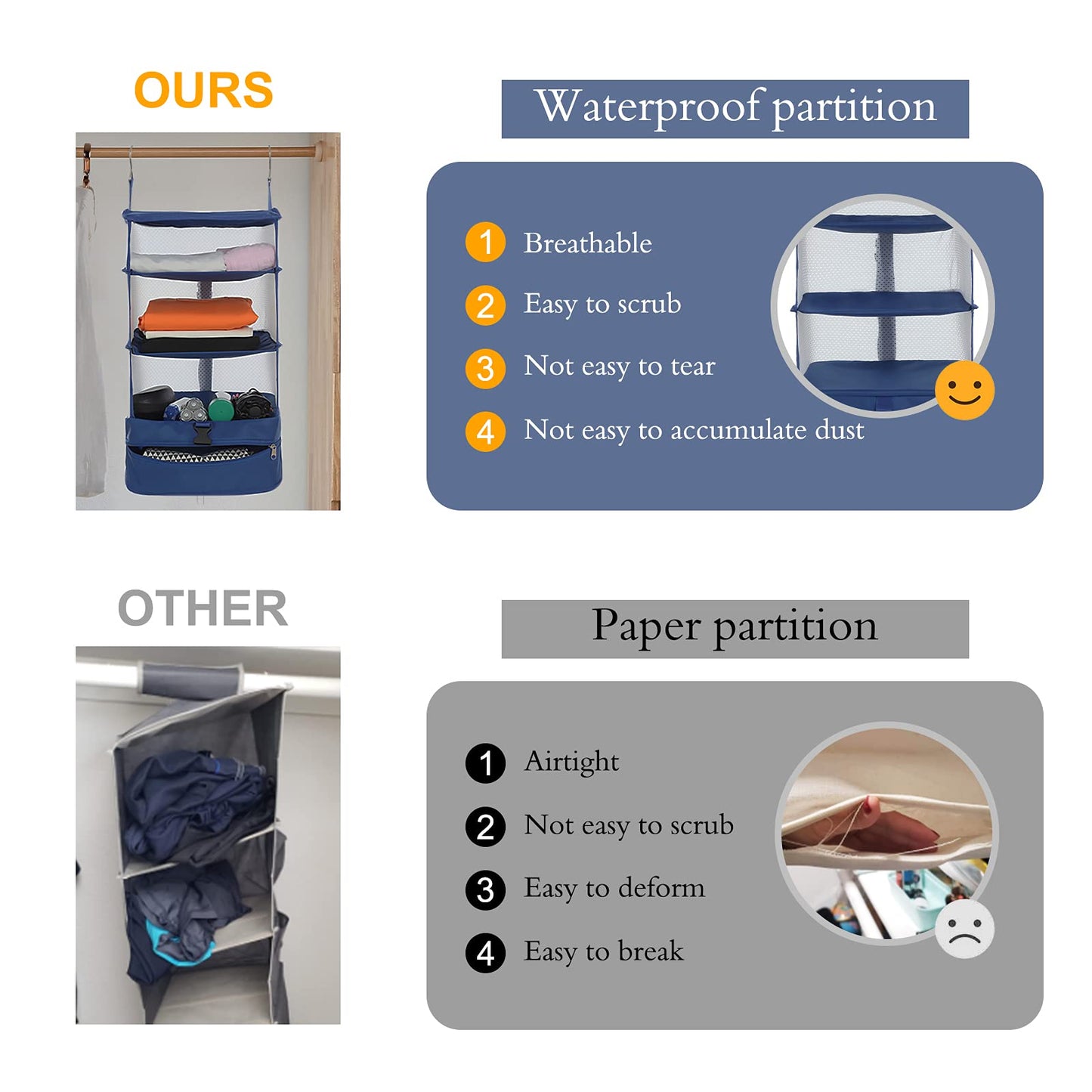 Surblue Hanging Closet Storage Bag Collapsible 3-Shelf Washable Oxford Fabric with 2 Hooks (L 11.41 * 11.41 * 19.68in, Pink)