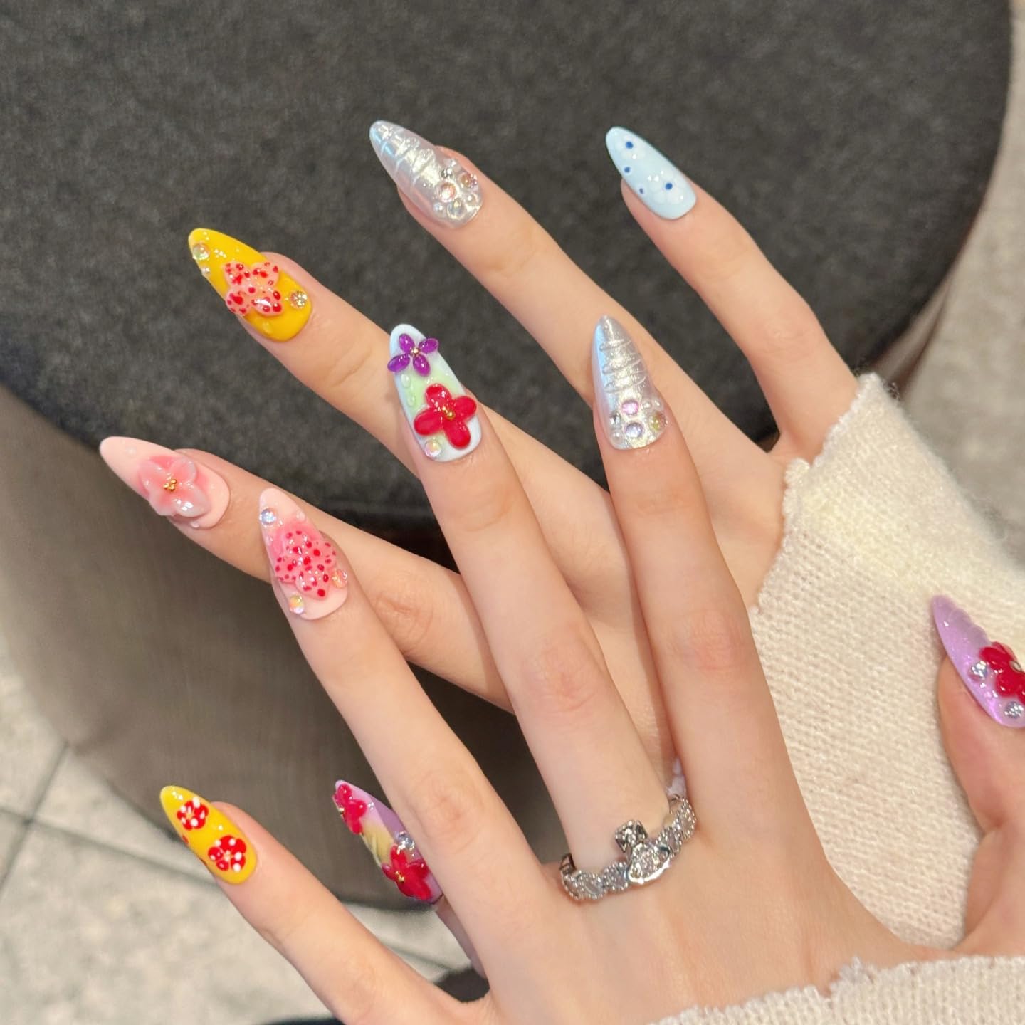 Yacey 3D Tropical Floral Handmade Press on Nails, Medium Almond Reusable False Nails Press Ons, Colorful Luxury Thick Acrylic Fake Nails, Bling Glue on Nails for Women Girls (10 Pcs, M)
