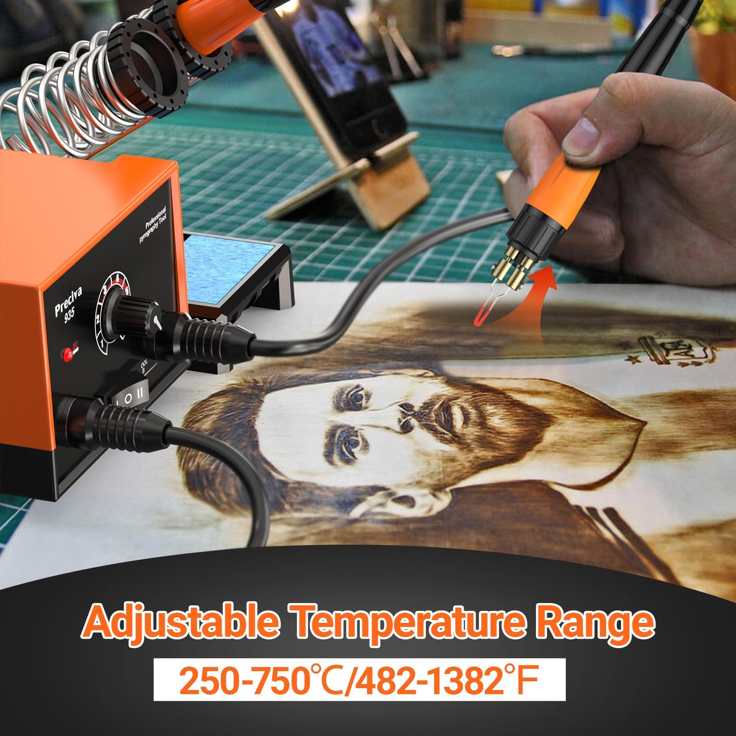 Preciva 935 Dual Handle Wood Burning Kit - Professional Pyrography Tool with 20 Wire Nibs & Pen Holder | Adjustable Temp 482~1382℉ | for Wood Burning, Leather Craft, Art Designs
