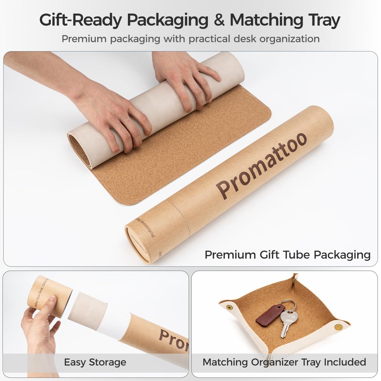 Premium Faux Leather Desk Mat & Tray Set，Innovative Cork-Look Printed Base，Gift Tube Packaging，Full-Desk Coverage，Non-Slip Desk Pad for Office Home（Warm Beige）