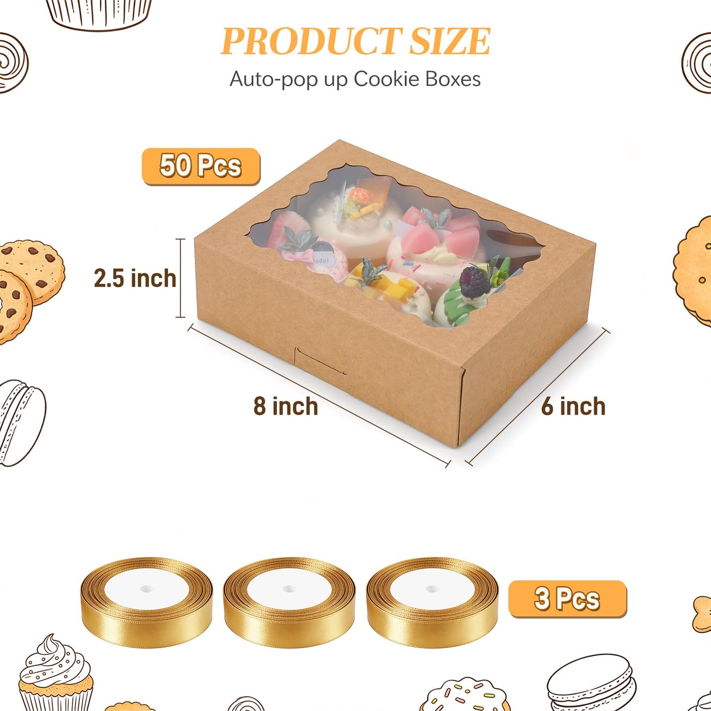 COTOPHER Auto Pop Up Cookie Box with Window 8x6x2.5 Inches – 50 Pack Brown Bakery Boxes with Ribbon for Birthday Party Favors, Wedding, Christmas Gift Packaging for Cookies, Candy, Macarons