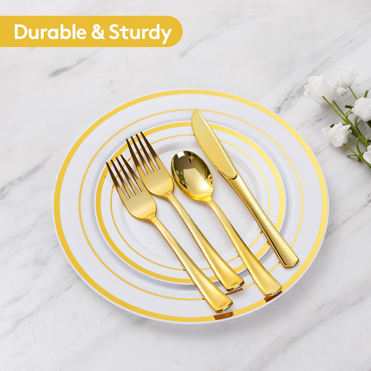 Goodluck 150 Pieces Gold Disposable Plates for 25 Guests, Plastic Party, Wedding, Dinnerware Set of Dinner Plates, Salad Spoons, Forks, Knives, Cups