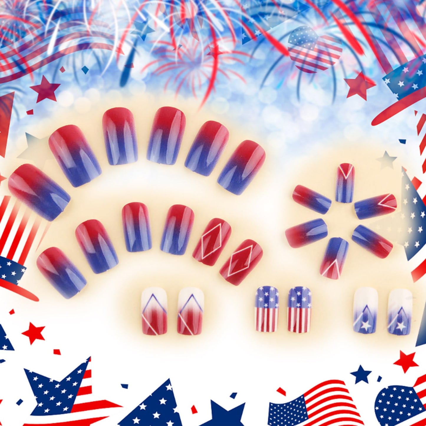 4th of July Press on Nails Glossy Blue Ombre Glue on Artificial Fingernails American Flag Fake Nails 24 Pcs Independence Day Acrylic False Nail HZJXRT Medium Square Stick on Nail for Women Gift