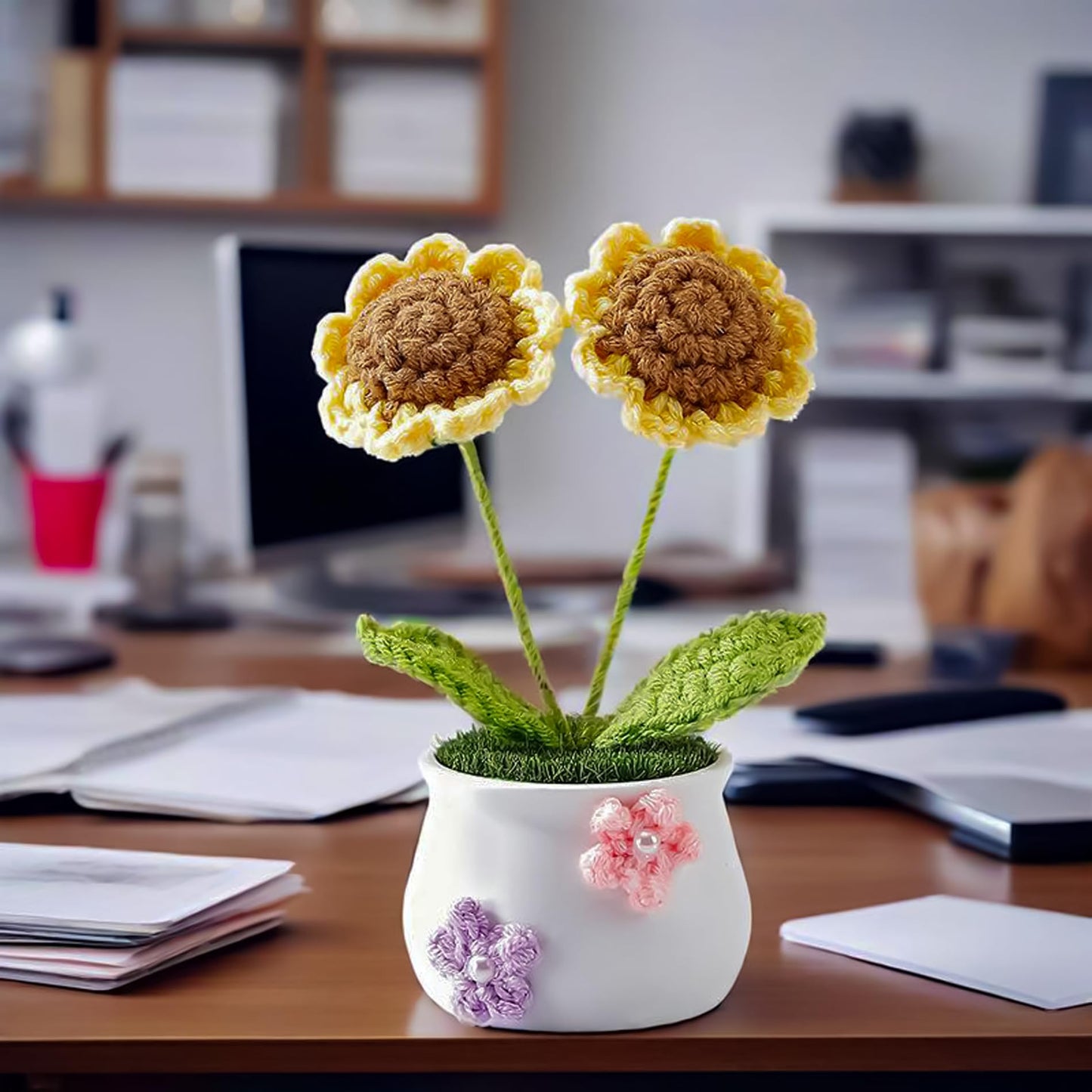 2 Pcs Handmade Crochet Sunflower with Mini Planter Pot - Zero Maintenance Desk Decor, Car Dashboard & Kitchen Decor, Durable Fade-Resistant Gift for Women, Plant Lovers, Unique Home&Office Decoration