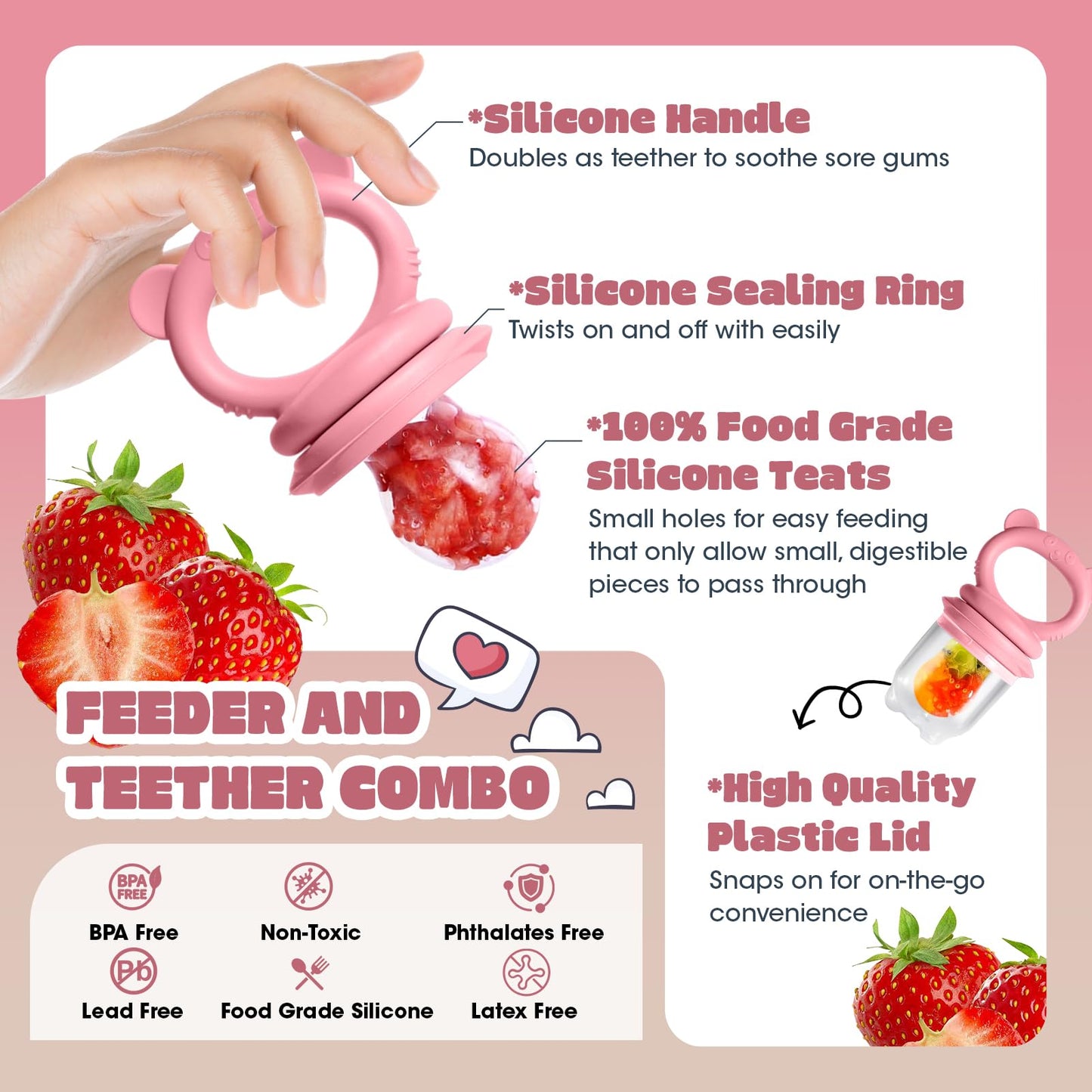 Baby Food Feeder Set, 2 Packs Fruit Feeder & Breastmilk Popsicle Molds Freezer Tray with Lid, Silicone Fruit Feeder to Teething Relief, Introduce New Foods, Baby Feeding Essentials(Red+Beige)